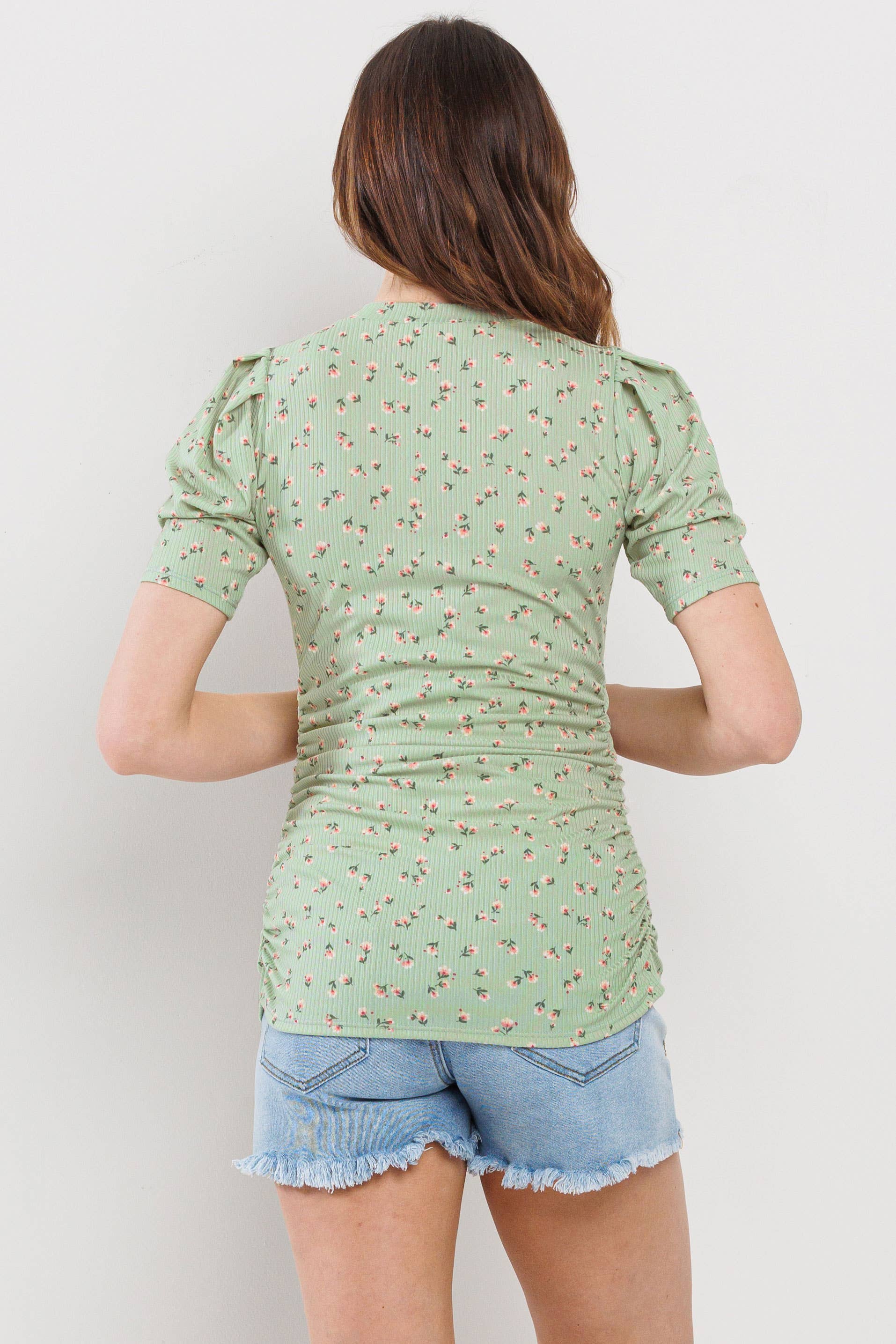 Sage Floral Ribbed Puff Sleeve Side Ruched Top
