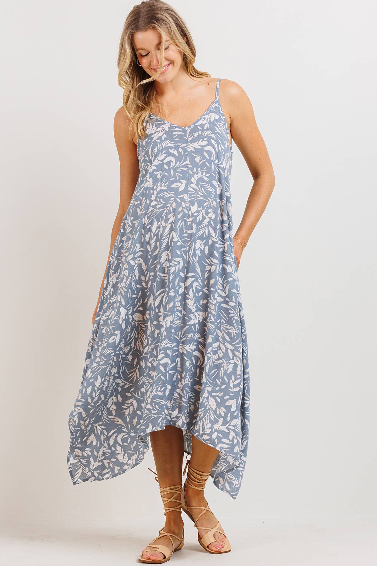 Chambray Blue Floral Asymmetric Maternity Midi Dress