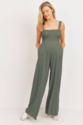 Olive Sleeveless Smocked Maternity Wide-Leg Jumpsuit
