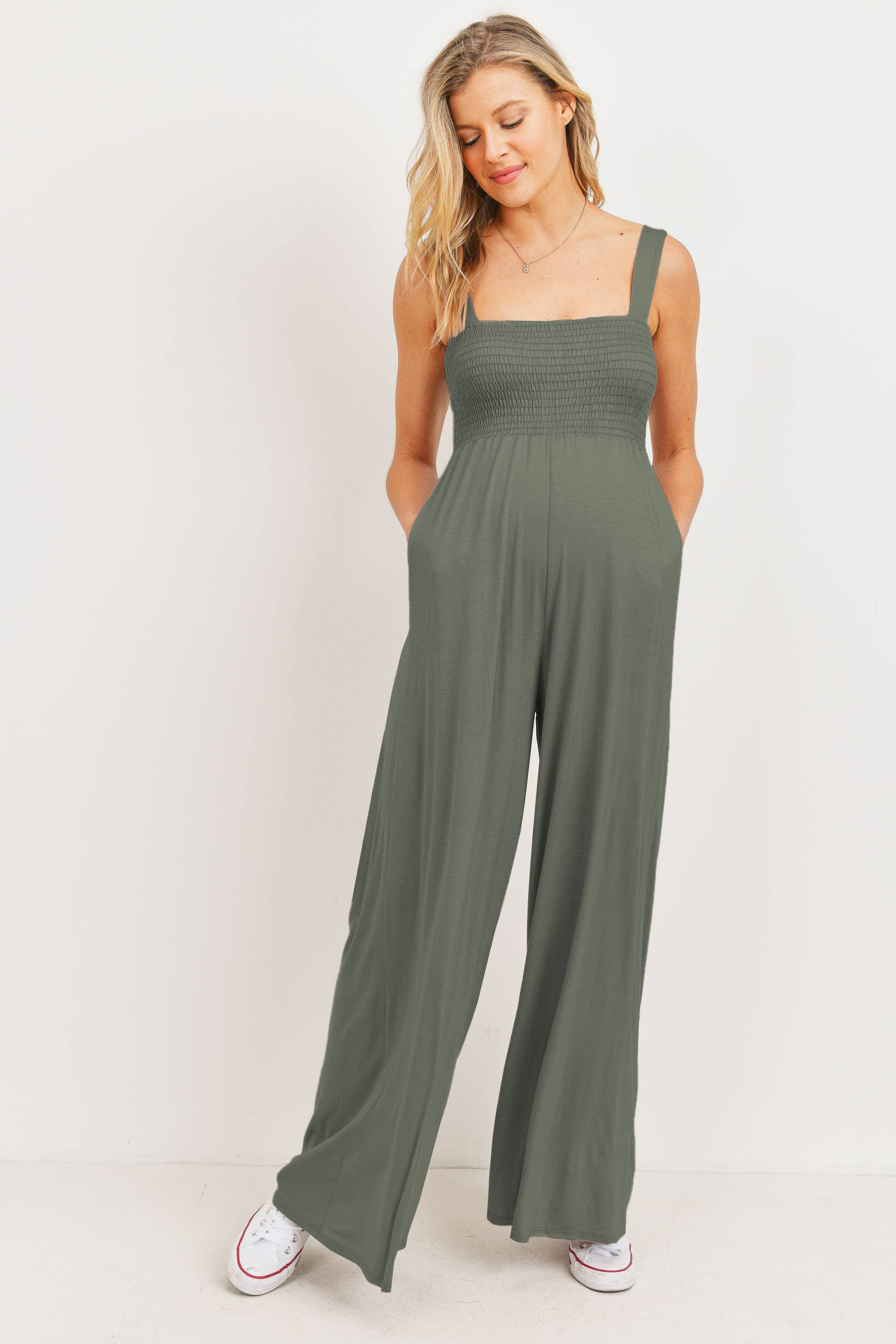 Olive Sleeveless Smocked Maternity Wide-Leg Jumpsuit