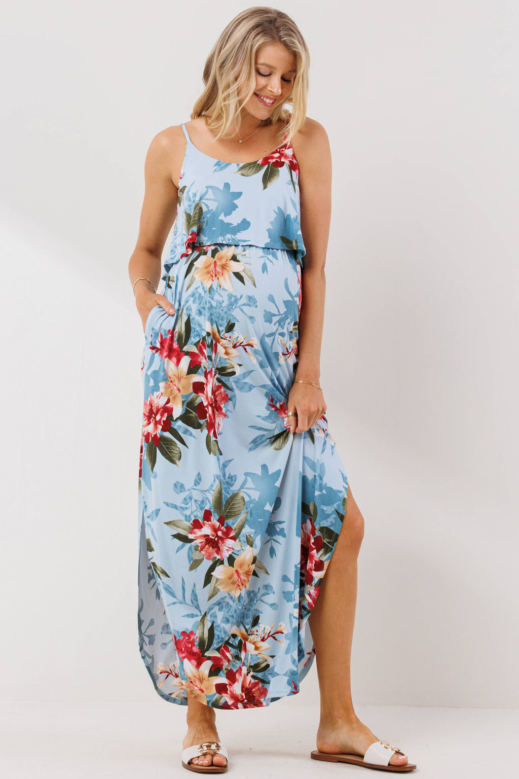 Blue Tropical Floral Maternity Sleeveless Maxi Dress