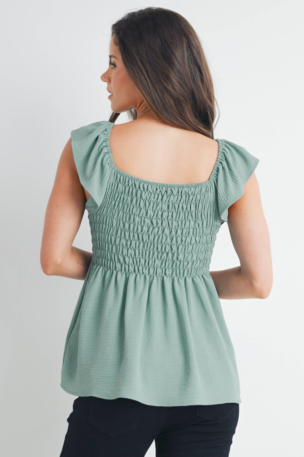Sage Flutter Sleeve Smocked Maternity Top