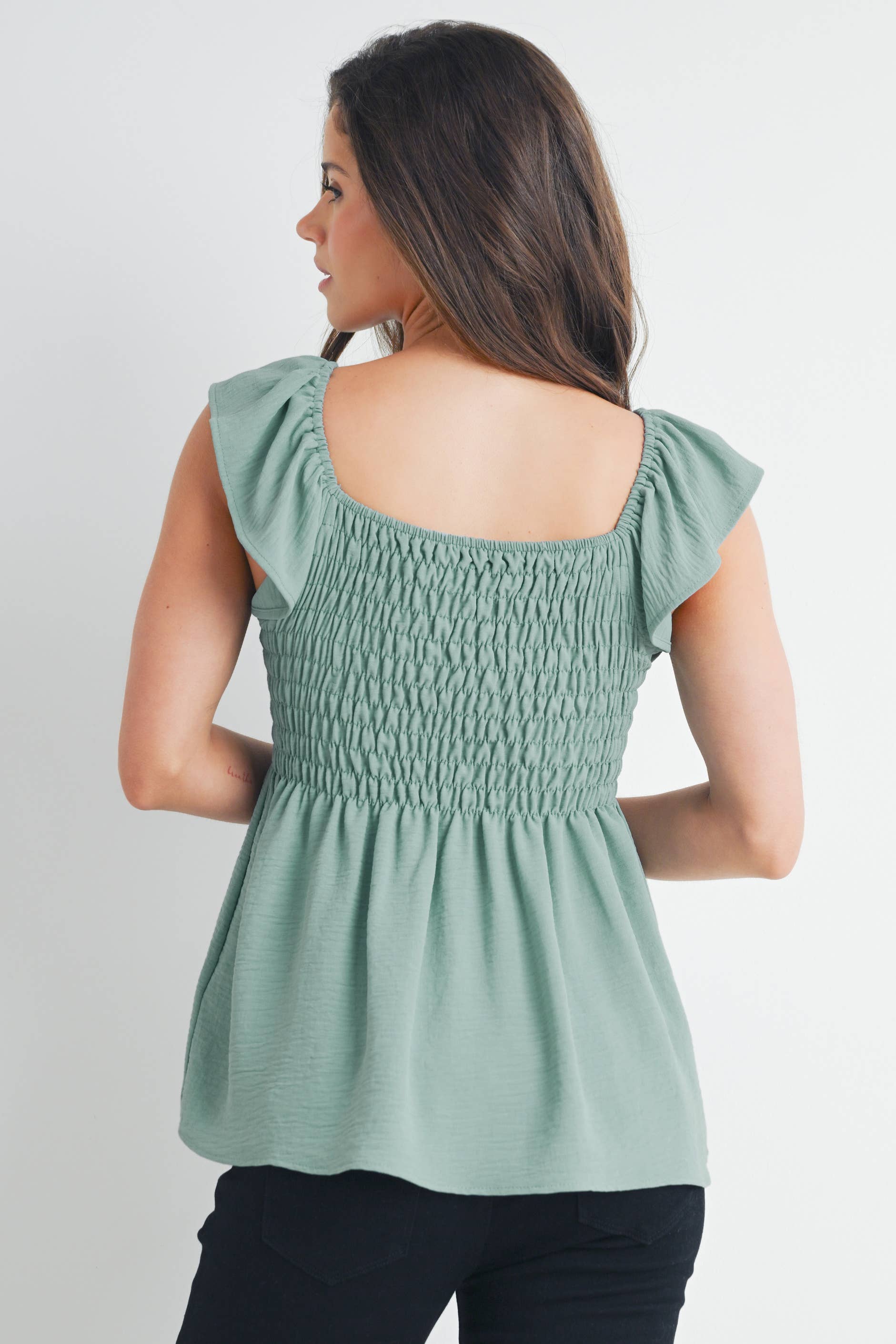 Sage Flutter Sleeve Smocked Maternity Top