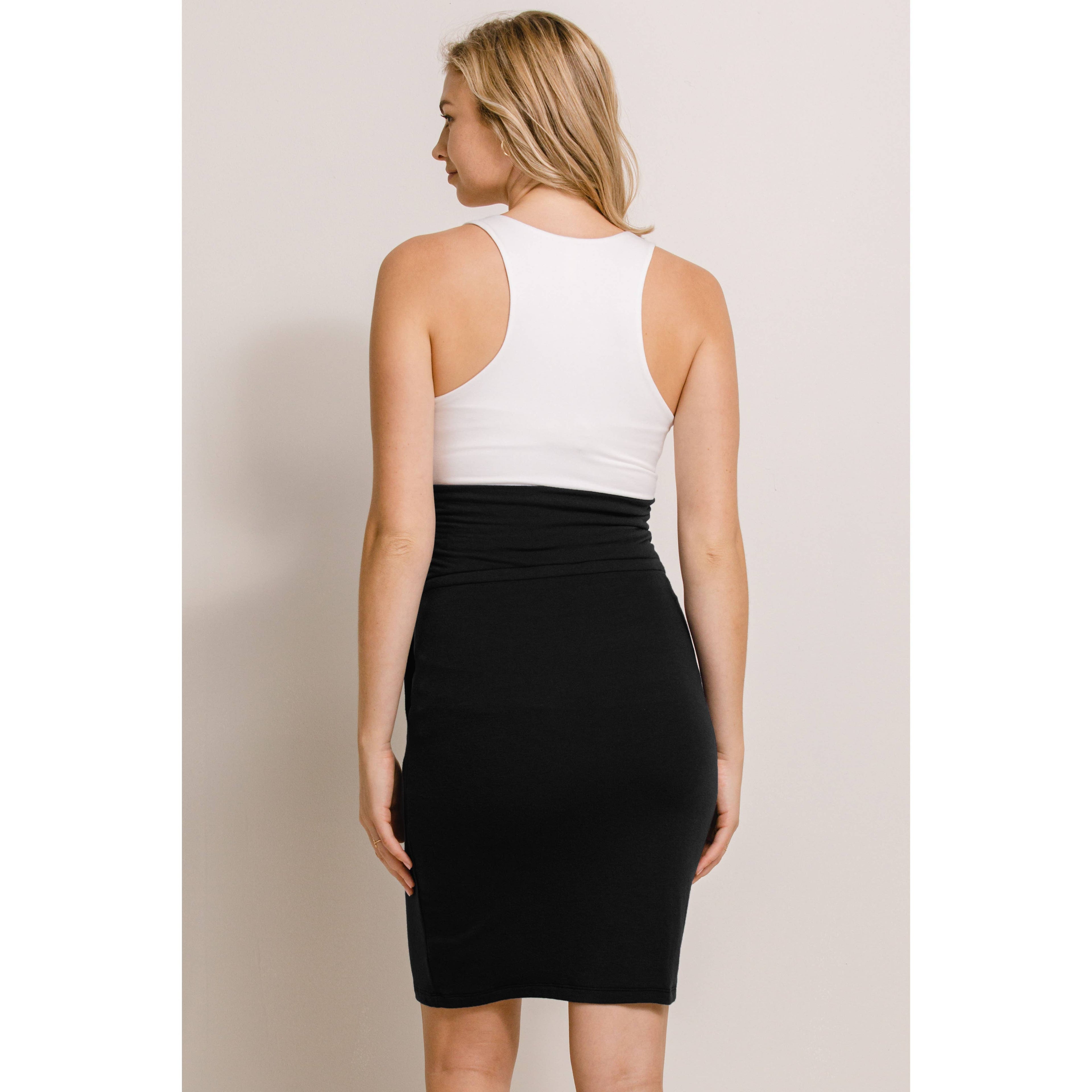 Black French Terry Maternity Midi Skirt with Waist Band