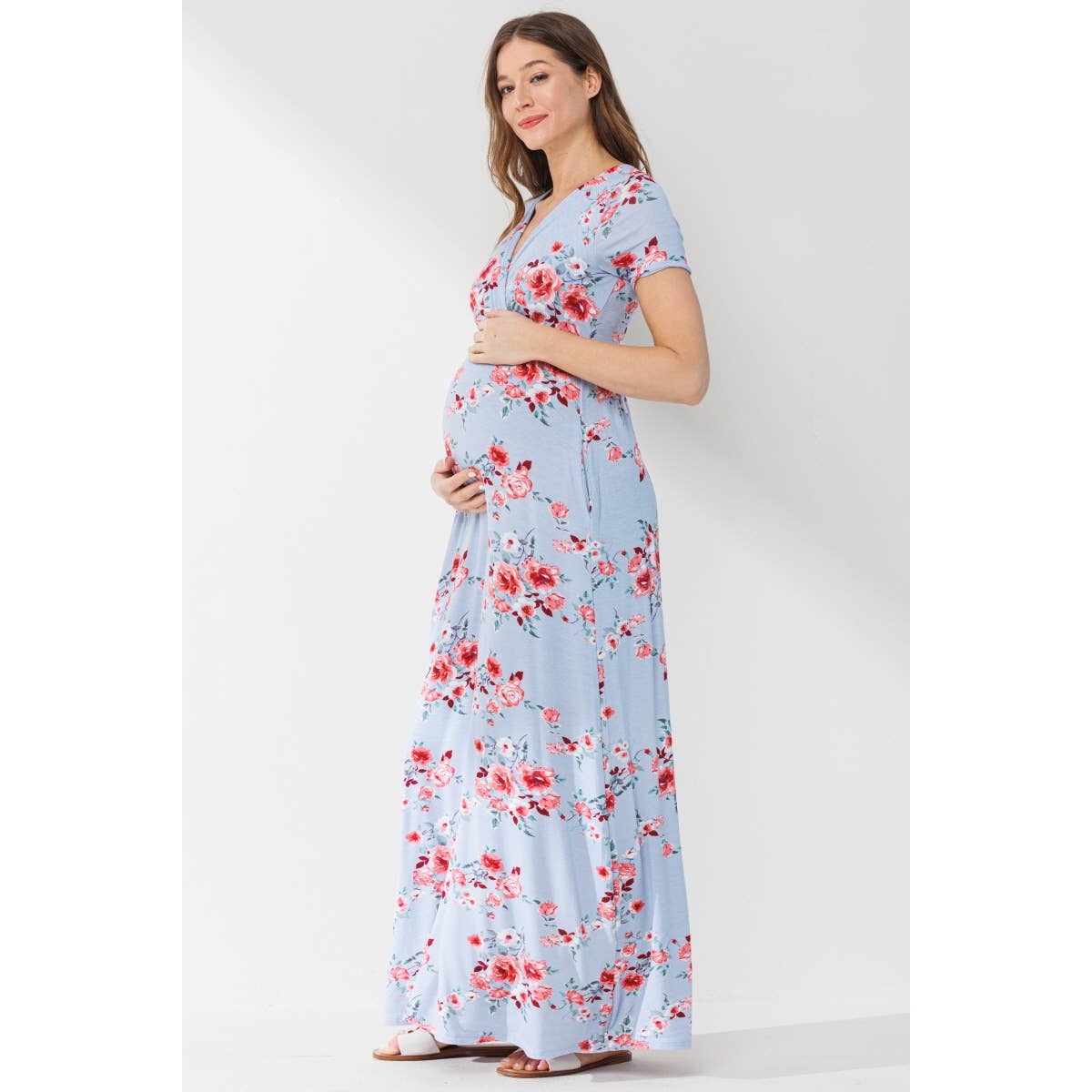 Chambray Short Sleeve Floral Maternity Nursing Maxi Dress