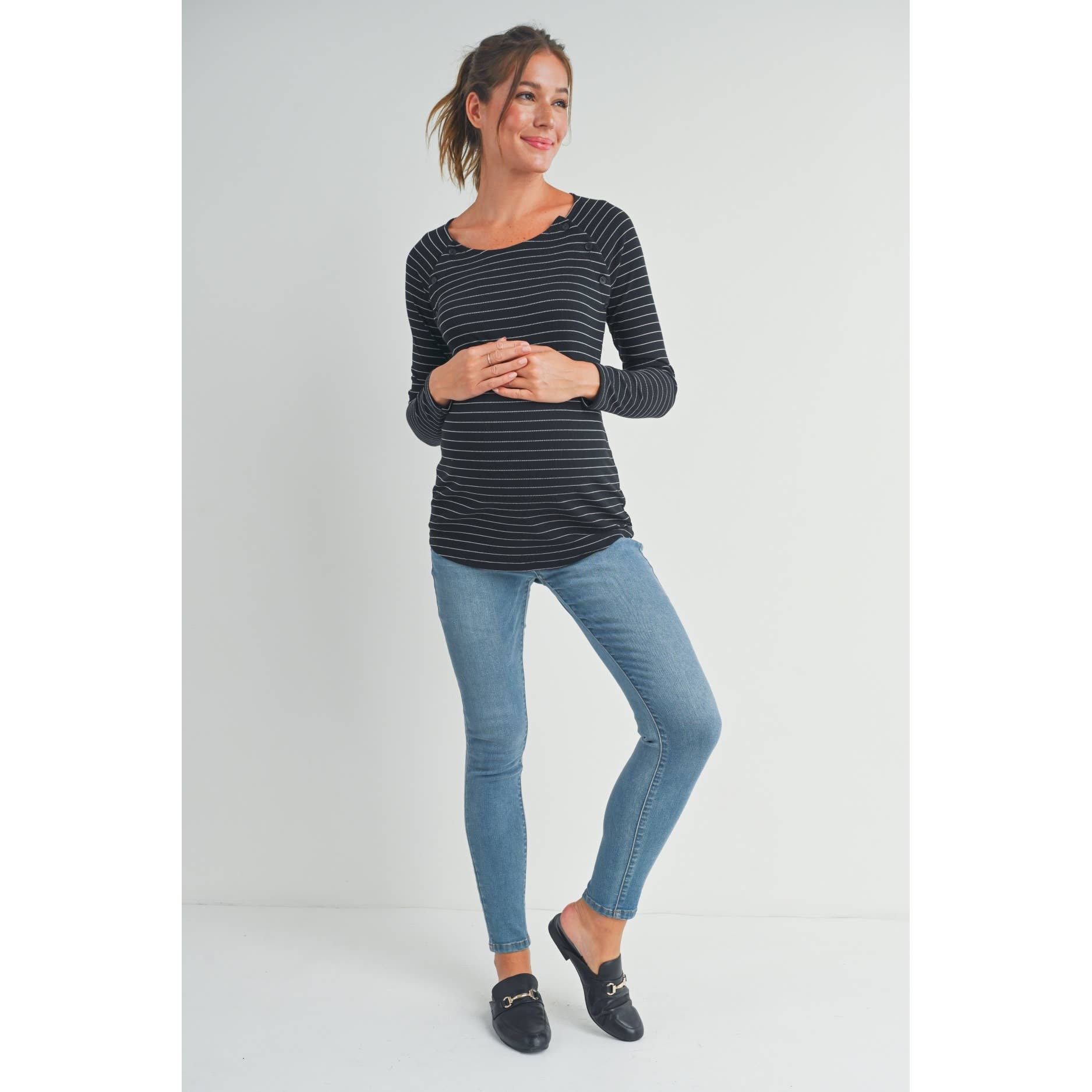 Black Striped Long Sleeve Nursing Top with Button Detail