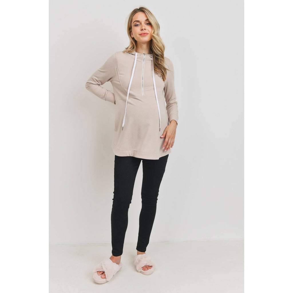 Mocha French Terry Half-Zip Maternity Nursing Hoodie