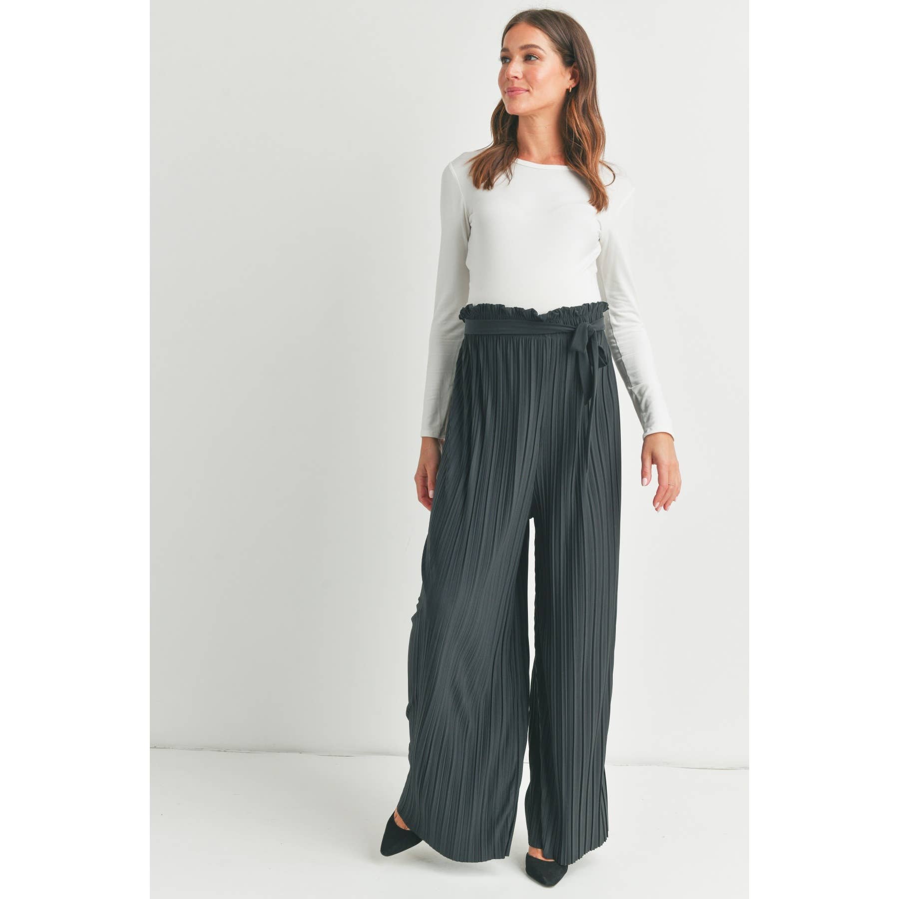 Grey Pleated Maternity Wide Leg Pants with Belt Tie