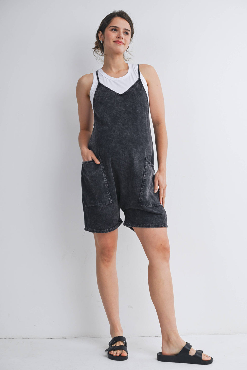 Washed Black Maternity Romper with Adjustable Strap