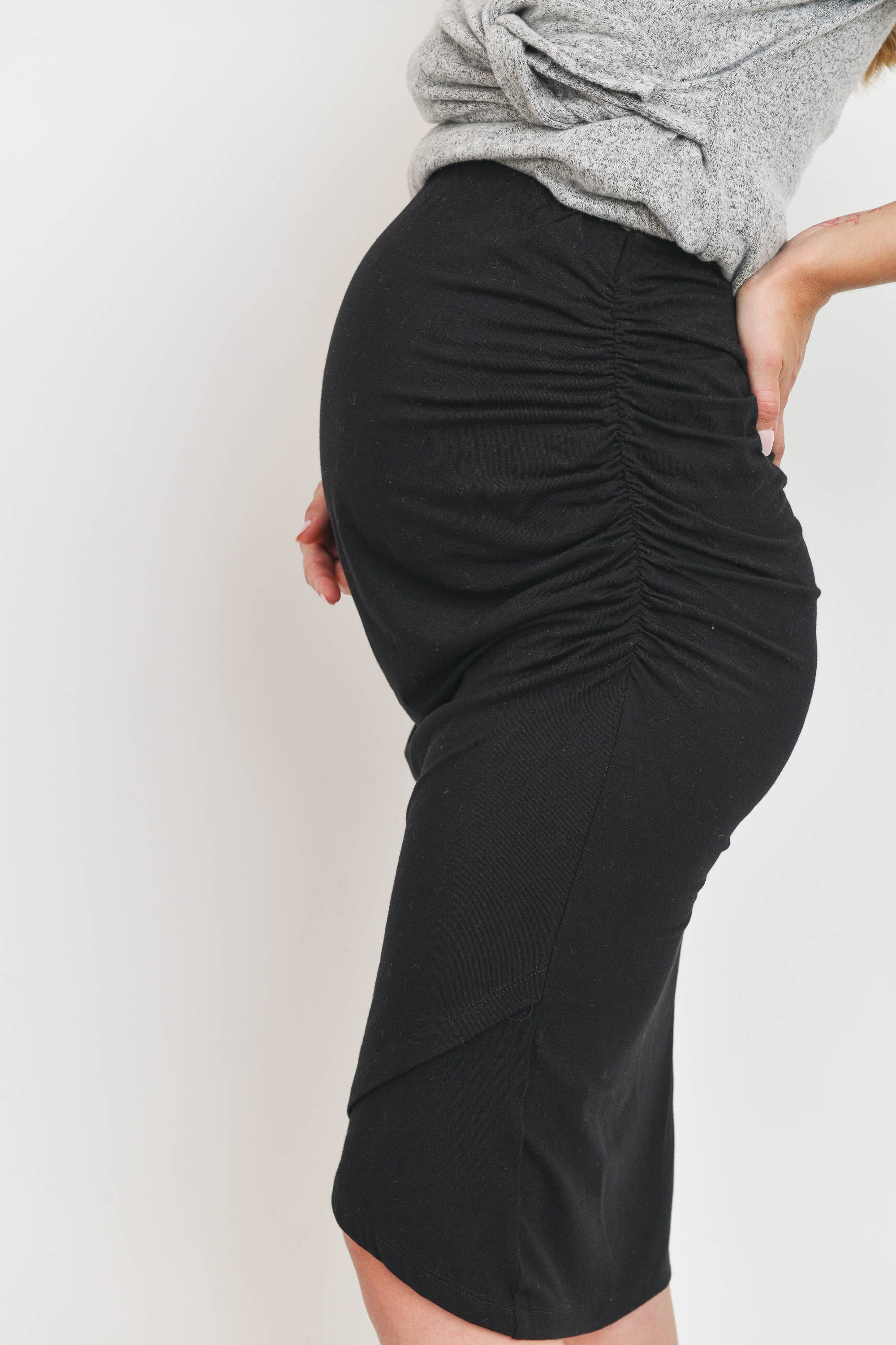 Black Tulip Hem Maternity Ruched Pencil Skirt