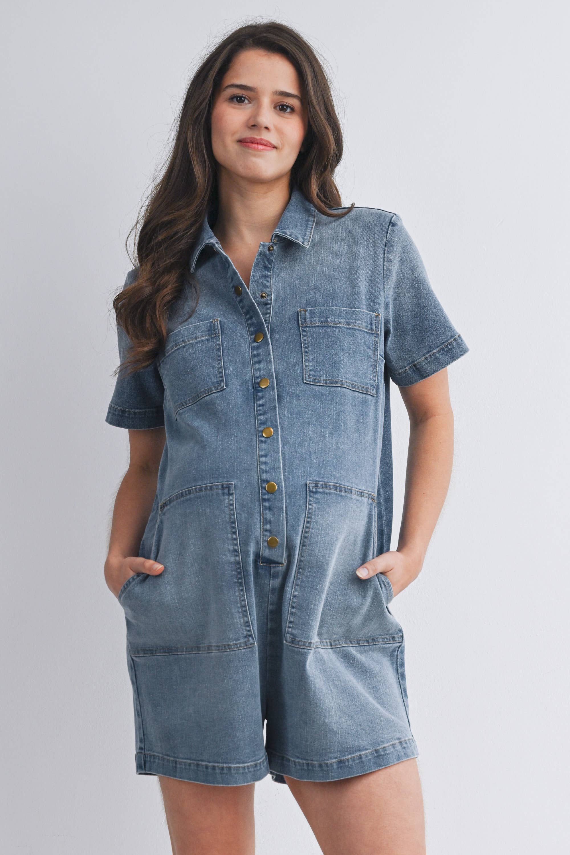 Button Front Denim Romper with Collar