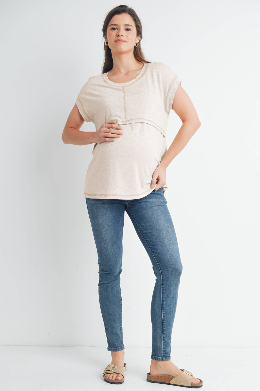 Oatmeal Double Layer Short Sleeve Maternity Nursing Top