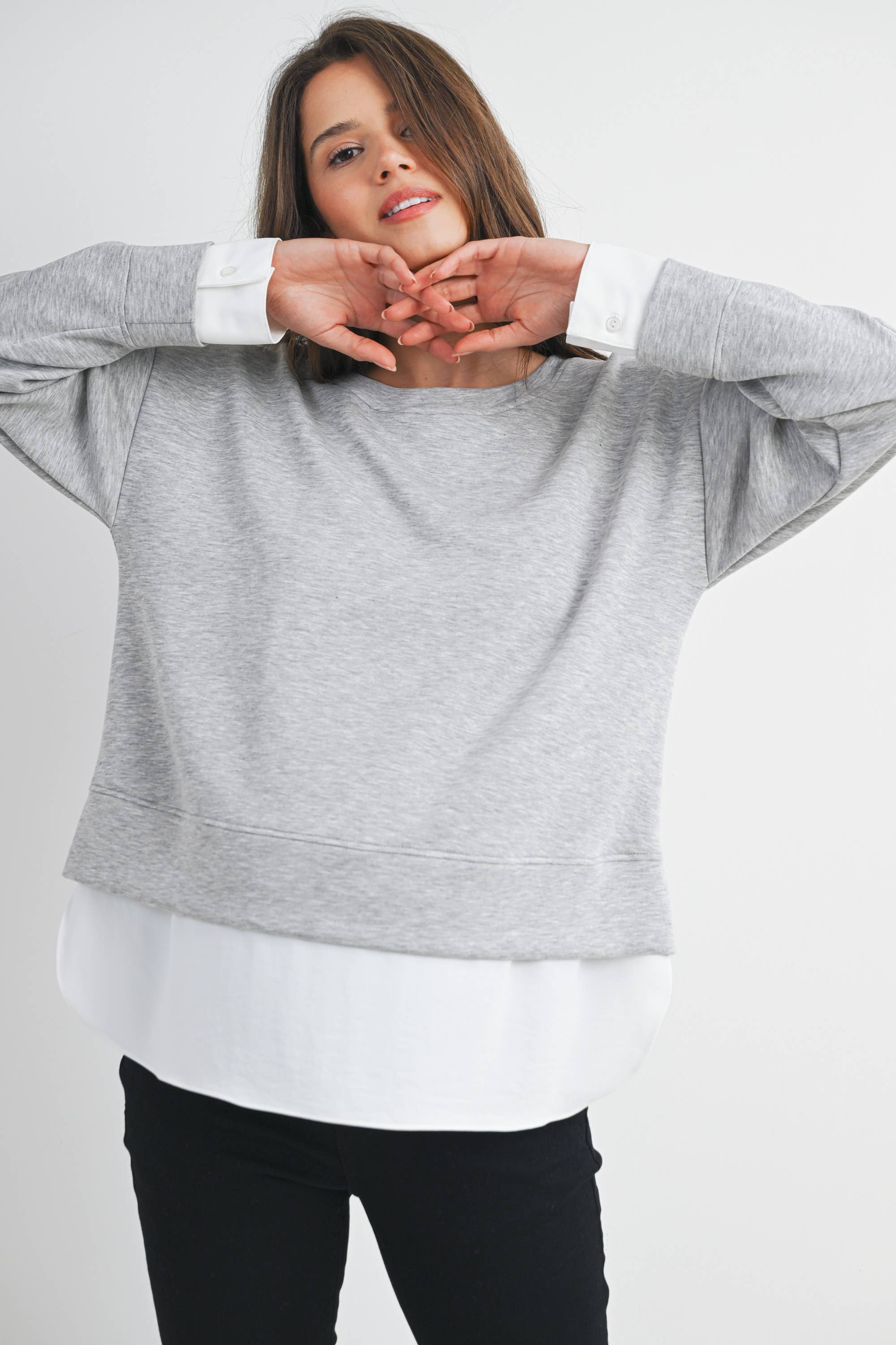 Grey/White Long Sleeve Maternity Twofer Pullover Top