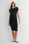 Black Ribbed Short Sleeve Maternity Midi Dress with Open Back