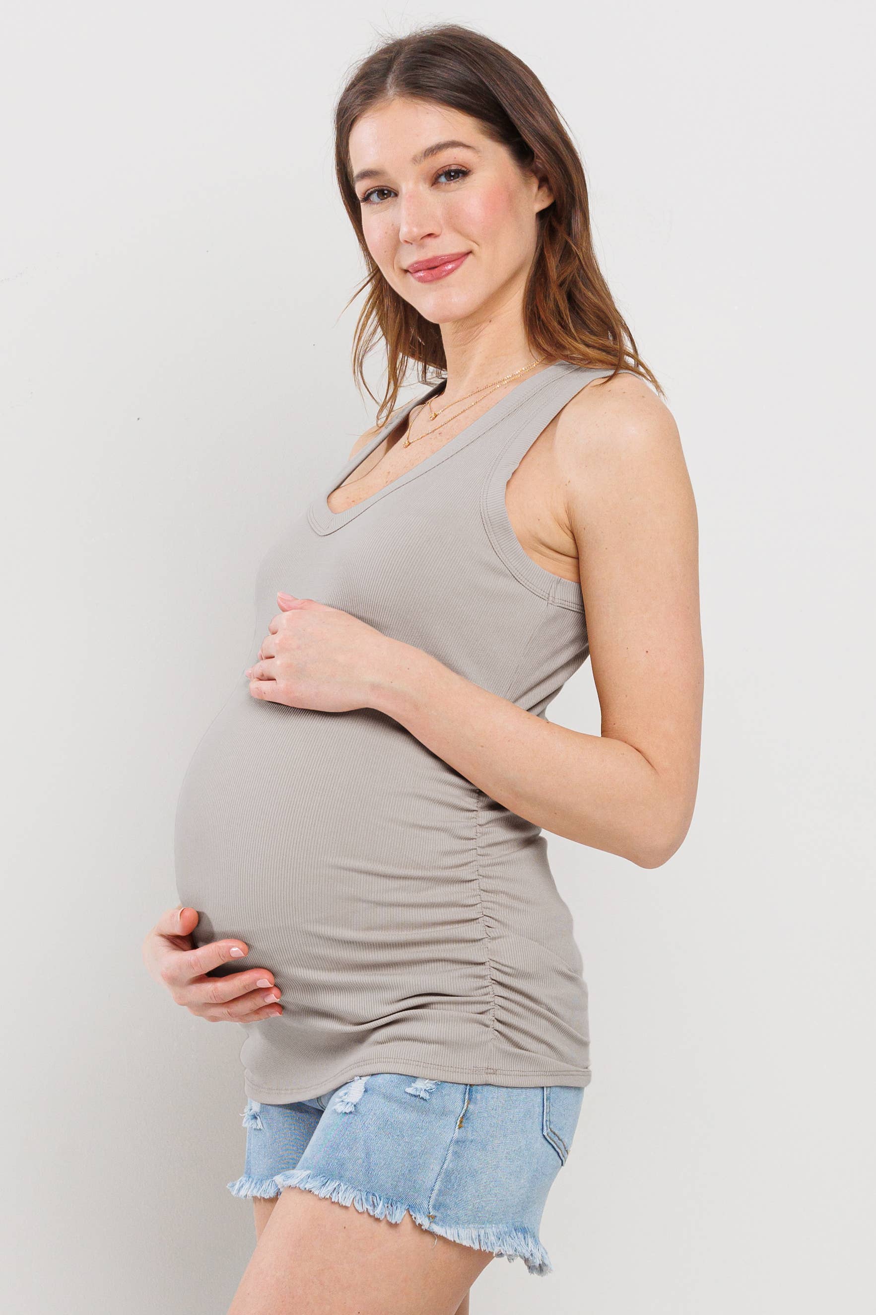Sand Ruched V-Neck Maternity Ribbed Tank Top