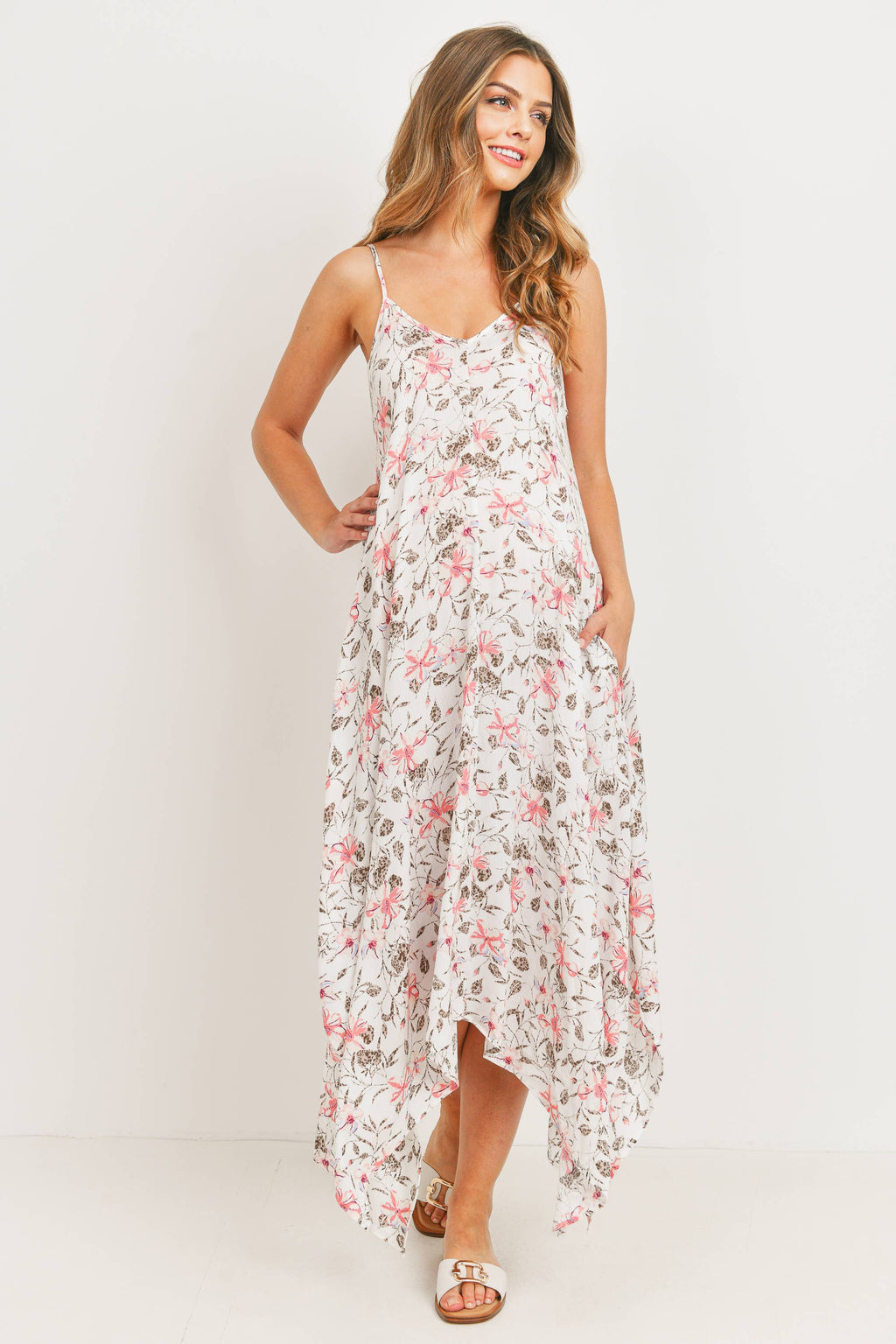 White Floral Print Sleeveless Maternity Midi Dress