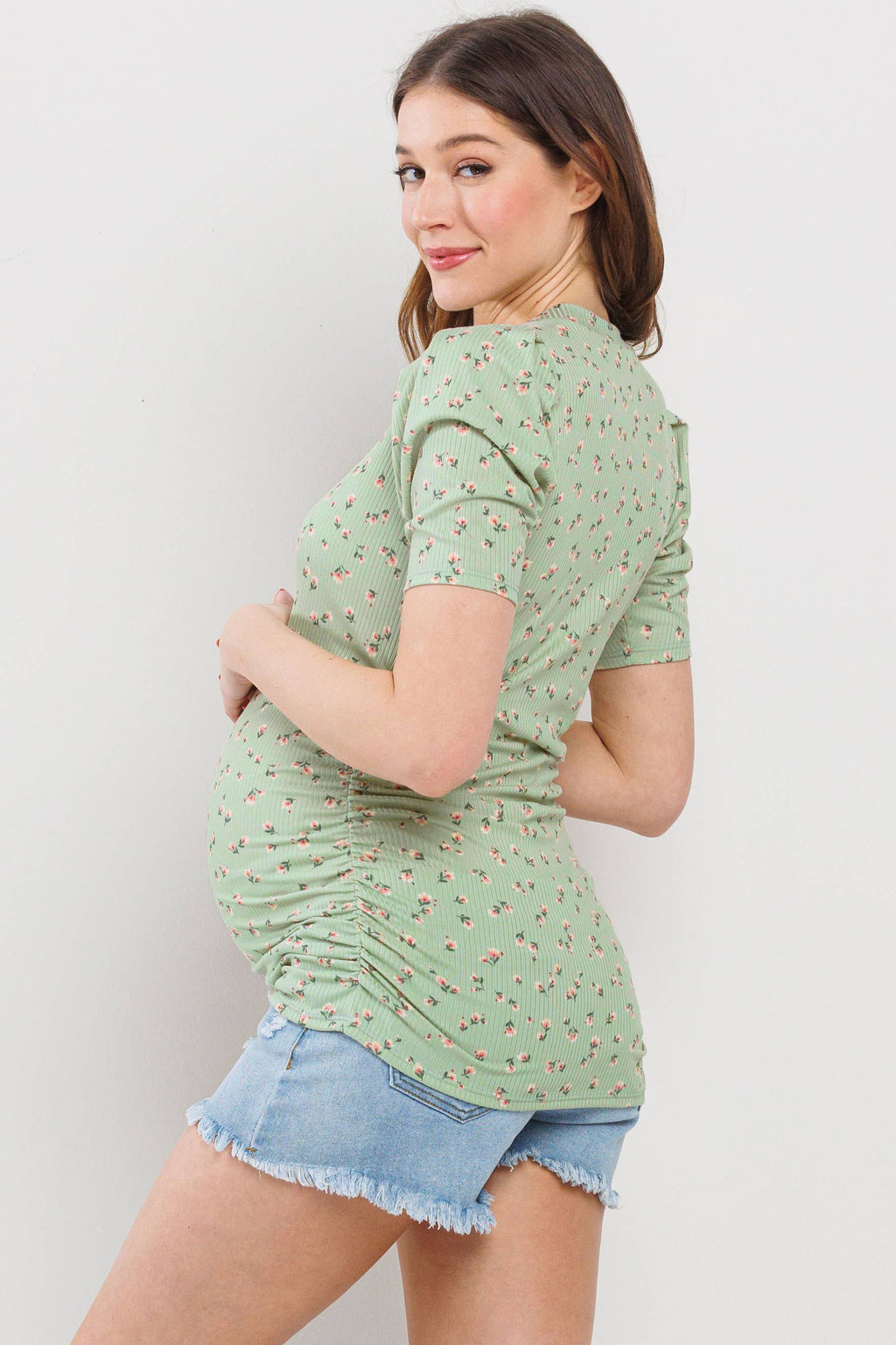 Sage Floral Ribbed Puff Sleeve Side Ruched Top