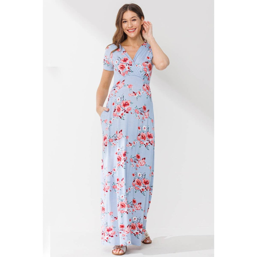 Chambray Short Sleeve Floral Maternity Nursing Maxi Dress