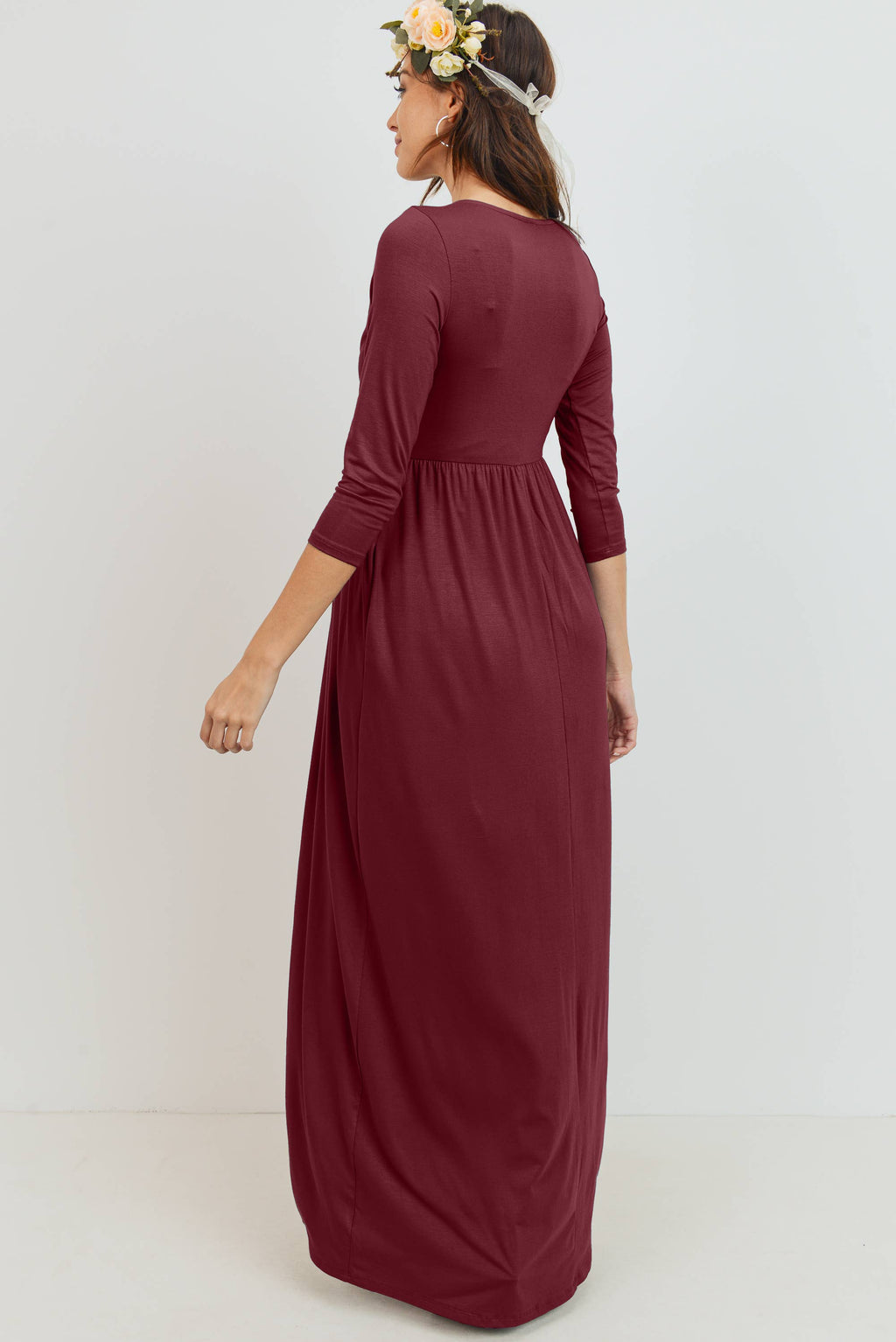 Burgundy Criss Cross  Quarter Sleeve Maternity to Nursing Maxi Dress