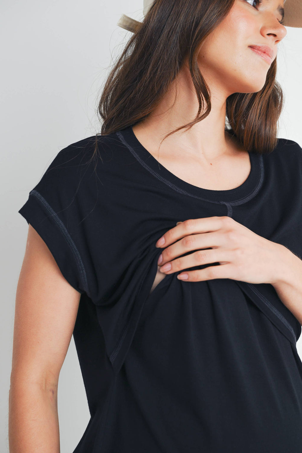 Black Double Layer Short Sleeve Maternity Nursing Top