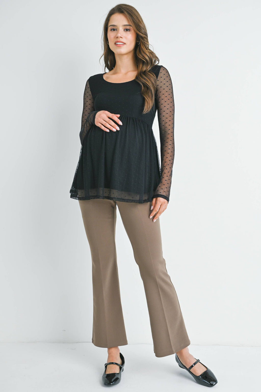 Black Polka Dot Mesh Sleeve Maternity Top