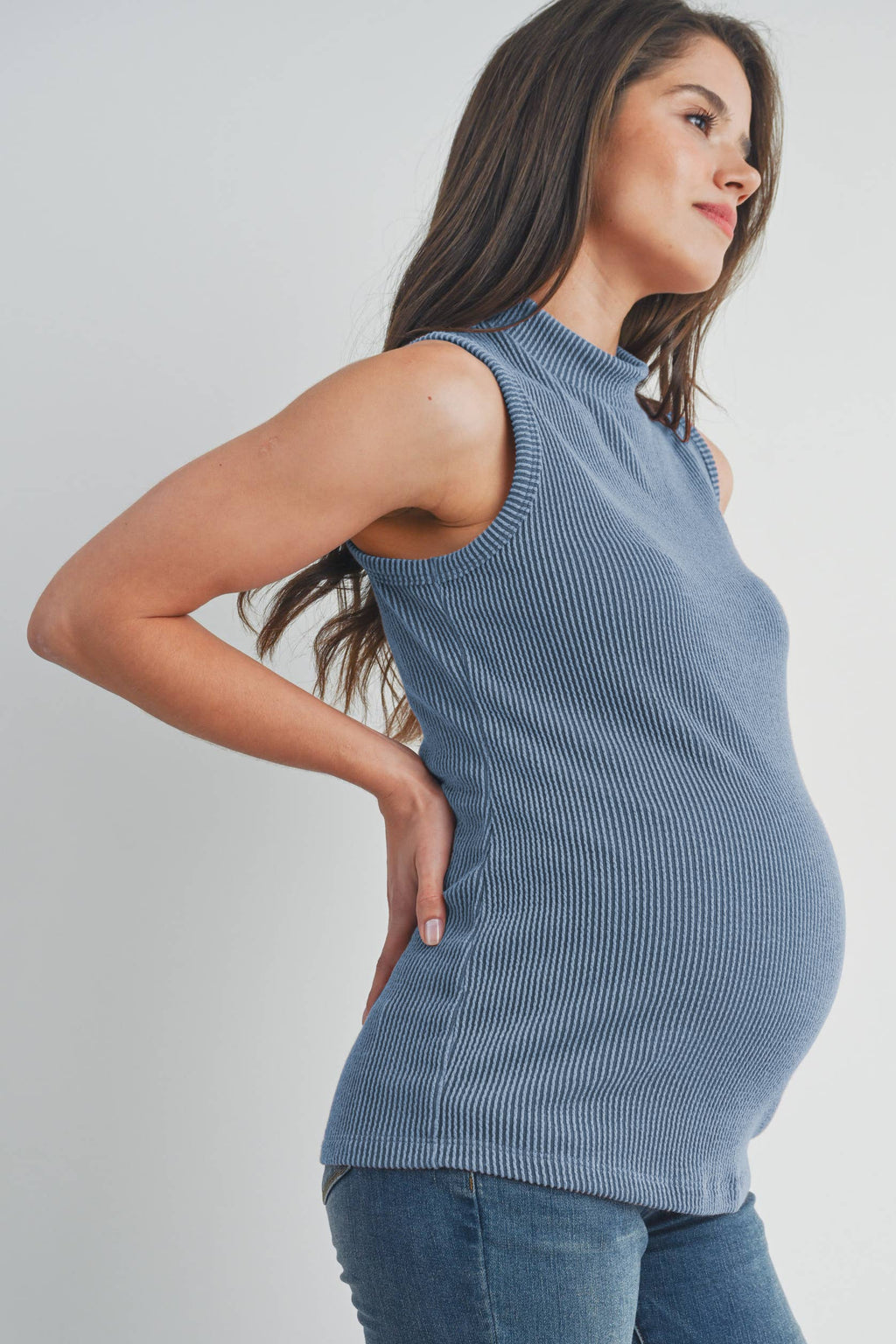 Denim Ribbed Mock Neck Maternity Tank Top