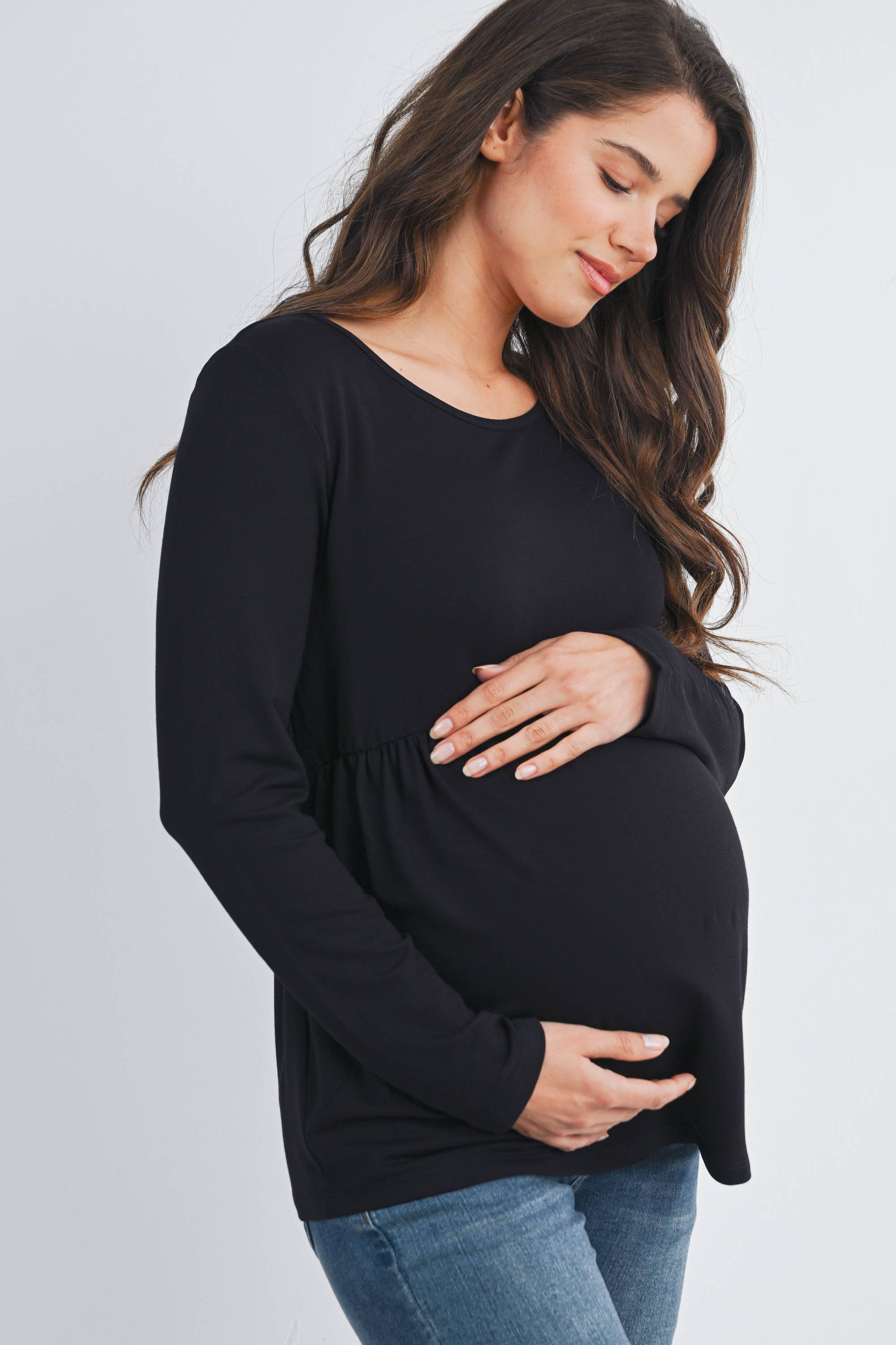 Black French Terry Long Sleeve Scoop Neck Maternity Top