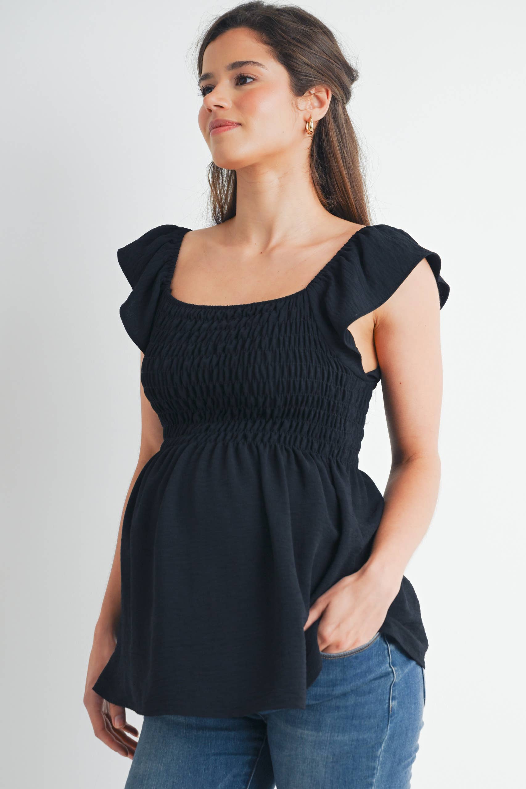 Black Flutter Sleeve Smocked Maternity Top