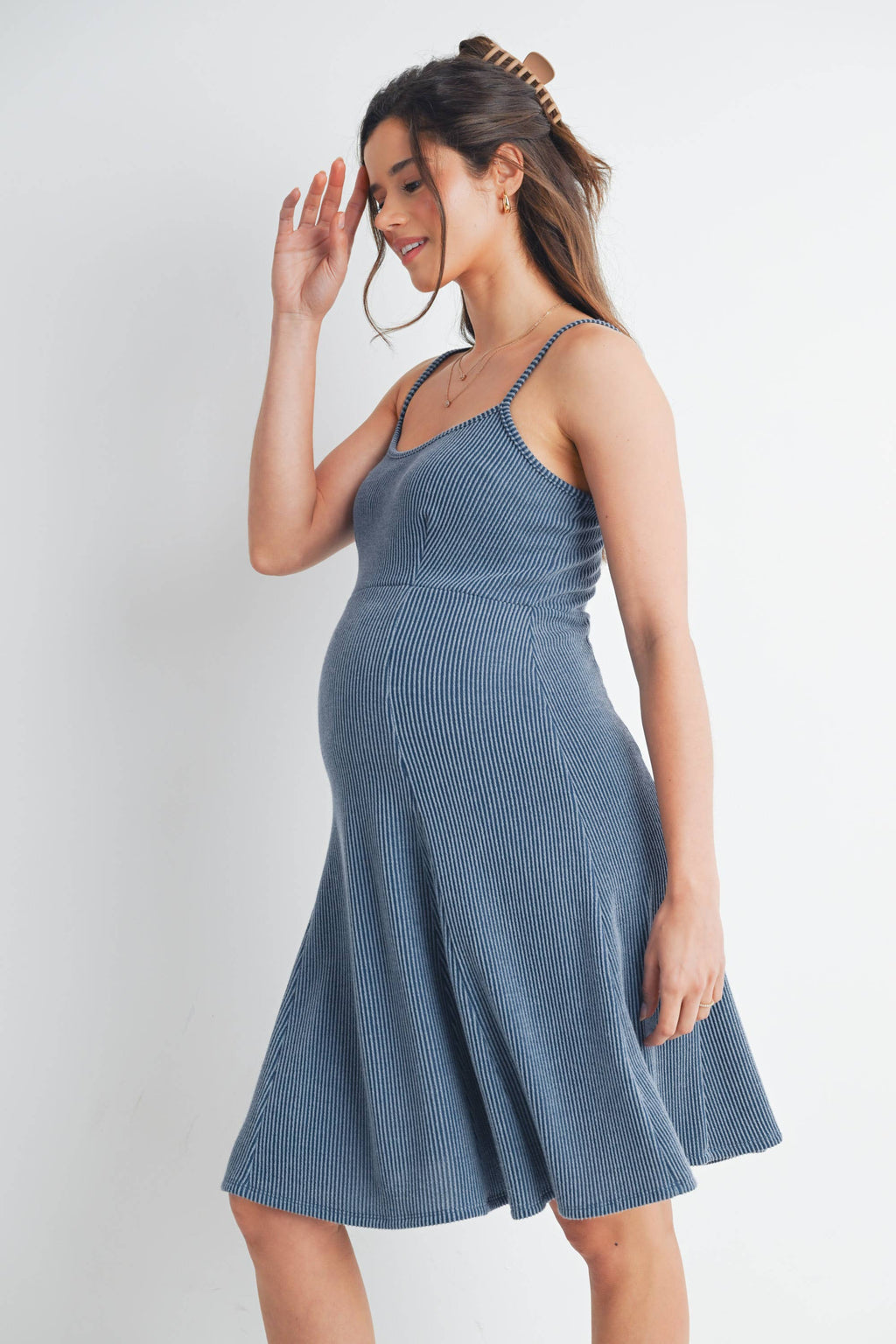 Denim Blue Ribbed Sleeveless Maternity Skater Dress