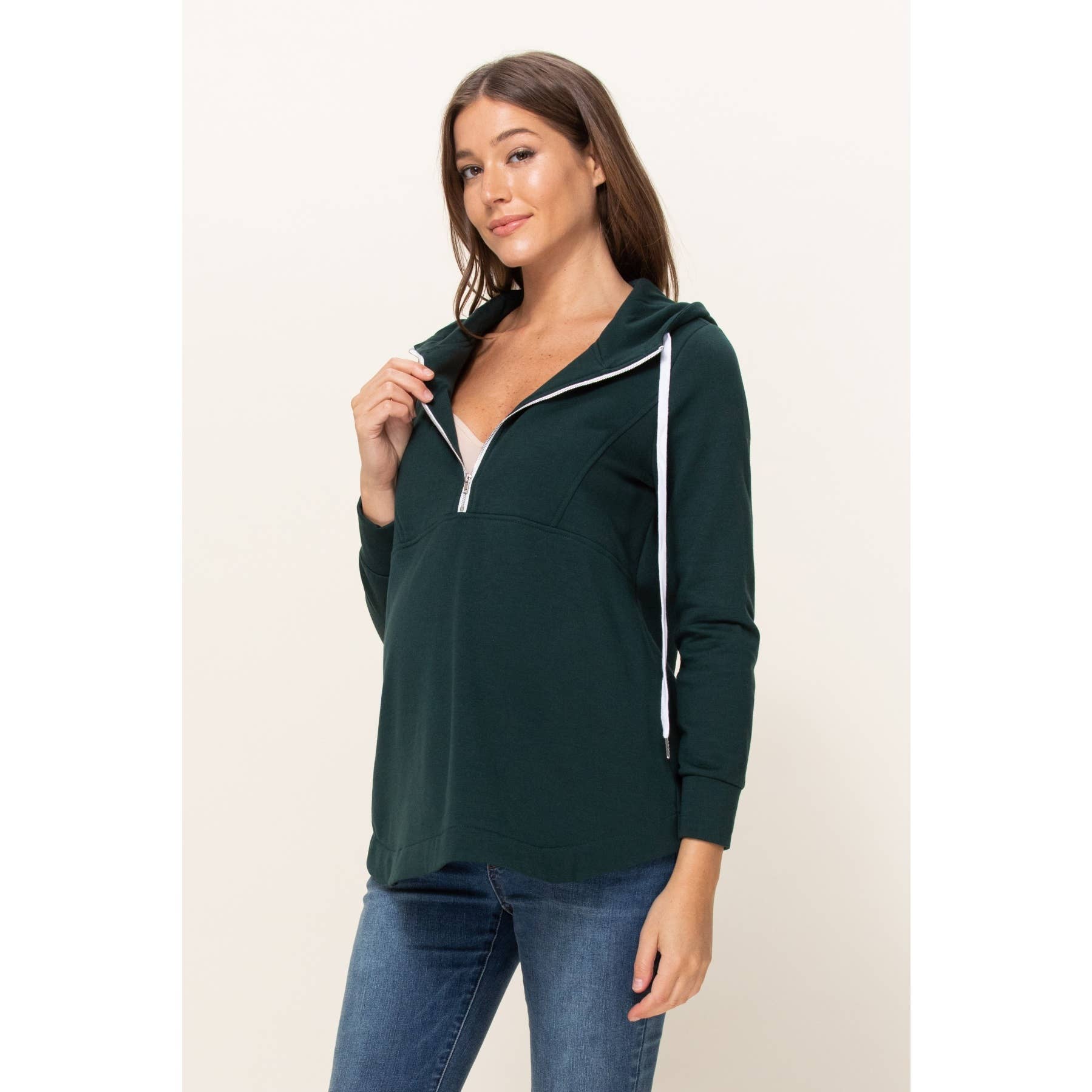 Hunter Green French Terry Half-Zip Maternity Nursing Hoodie