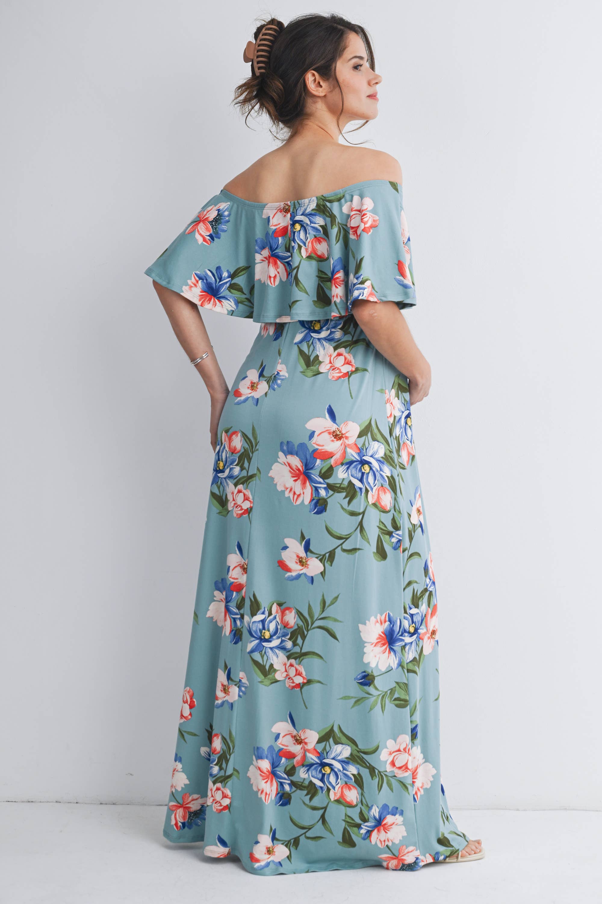 Sage Floral Off-Shoulder Maternity Maxi Dress