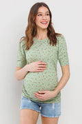 Sage Floral Ribbed Puff Sleeve Side Ruched Top