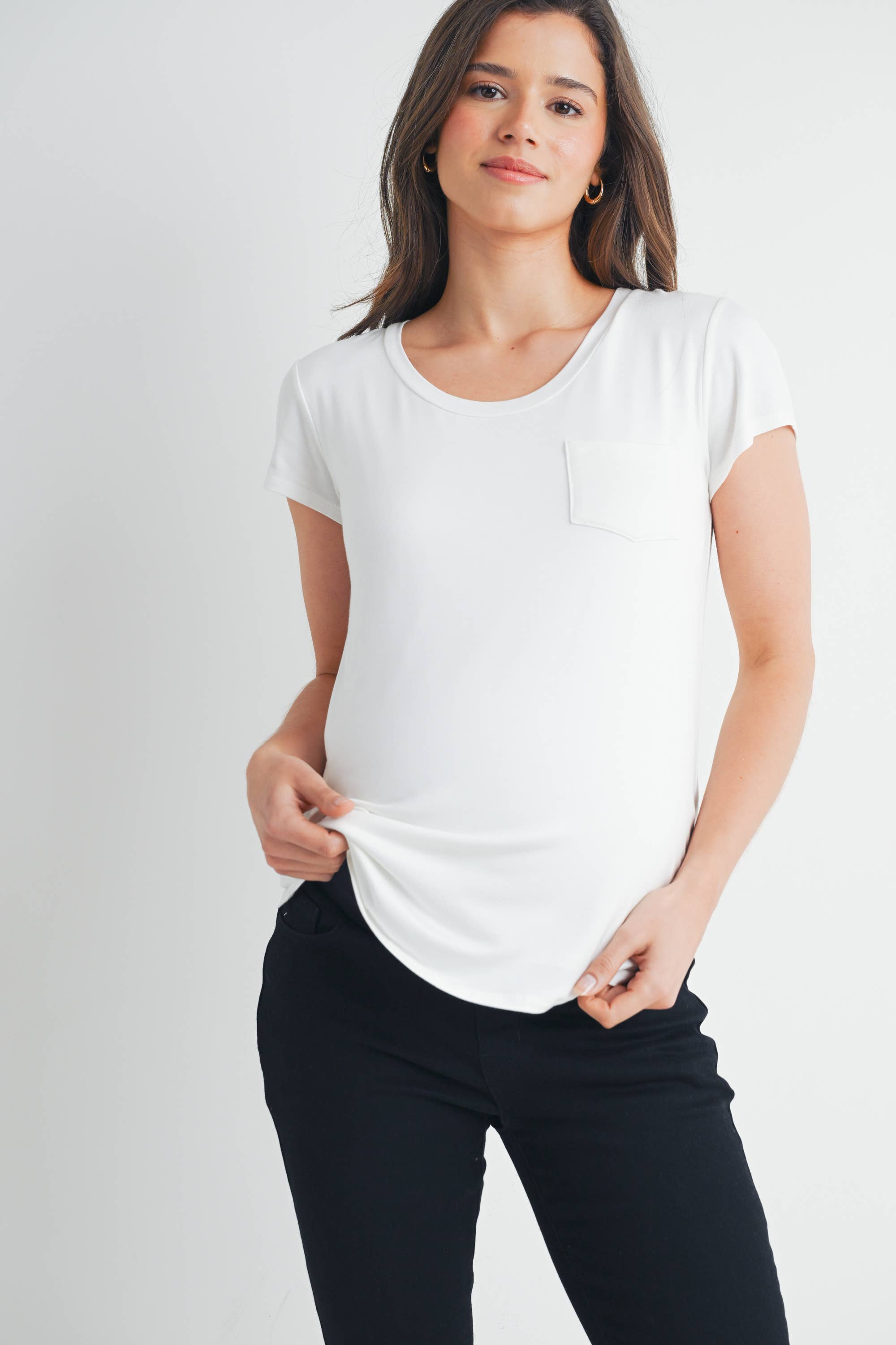 White Round Neck Maternity to Nursing Pocket T-Shirt