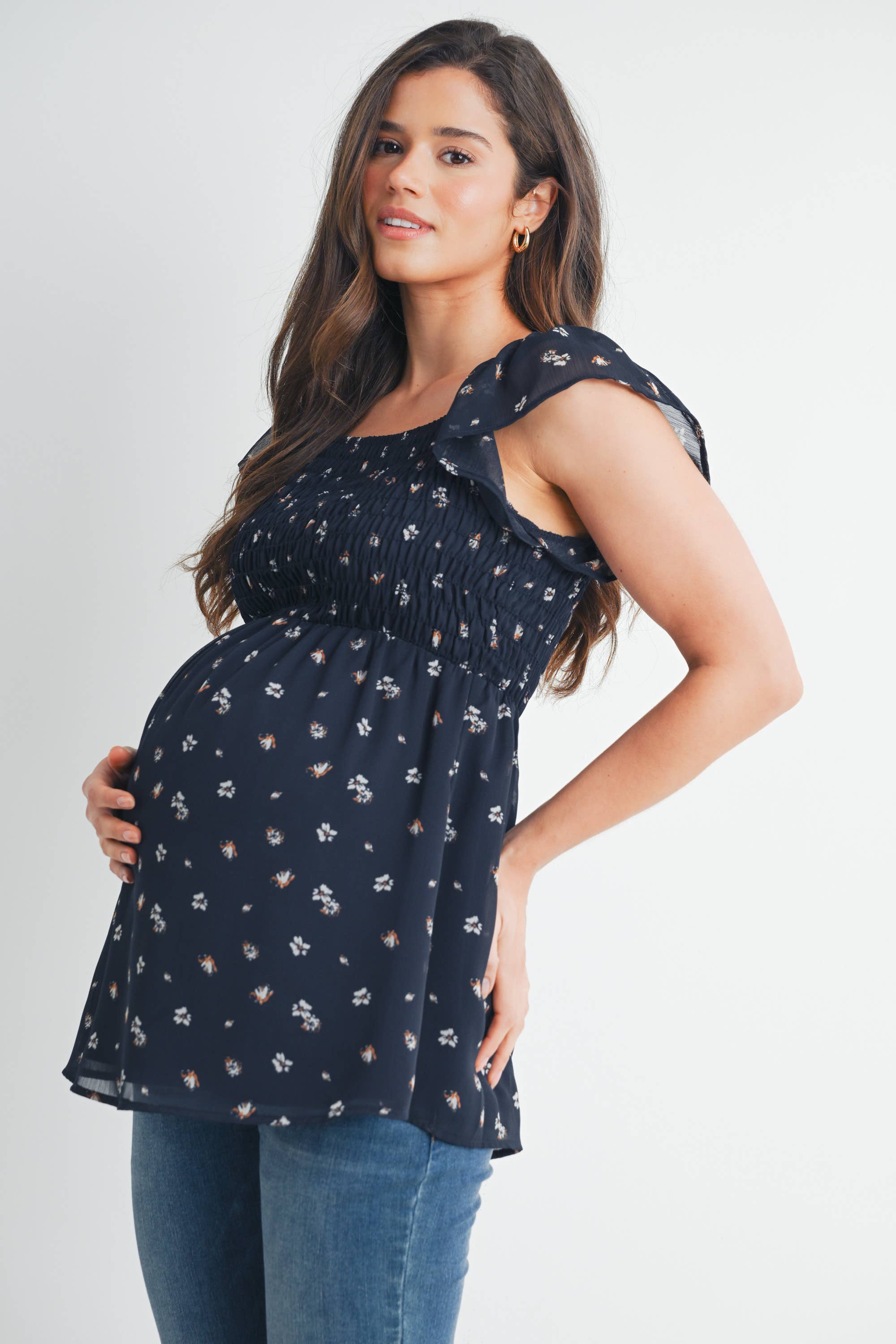 Navy Floral Flutter Sleeve Maternity Smocked Top