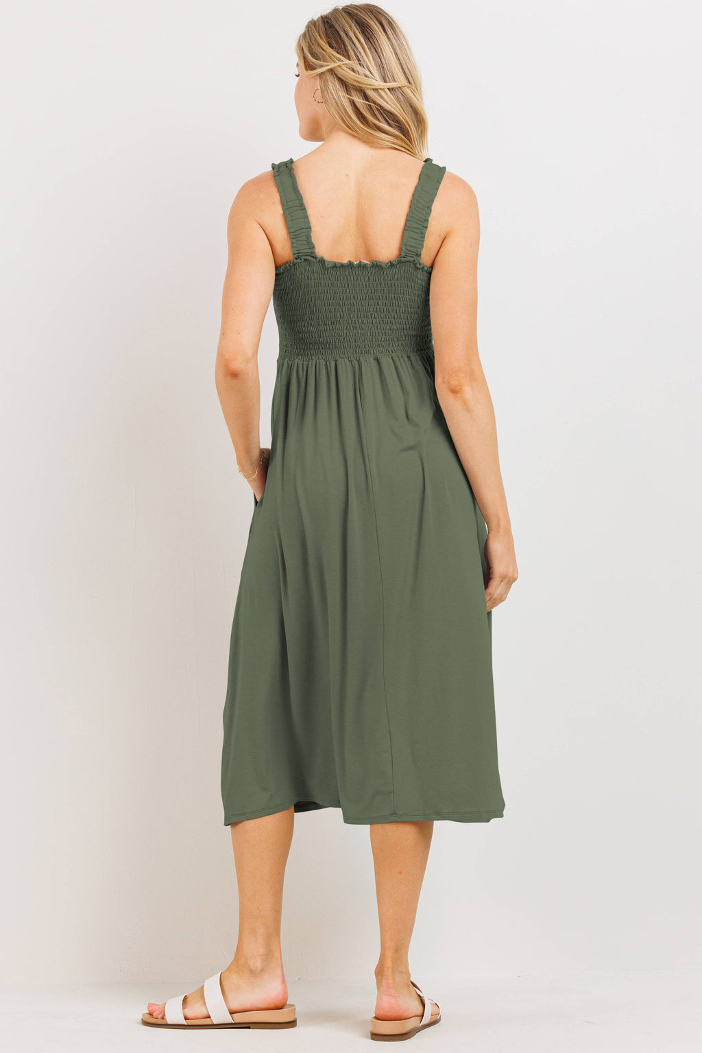 Olive Smocked Sleeveless Maternity Midi Dress