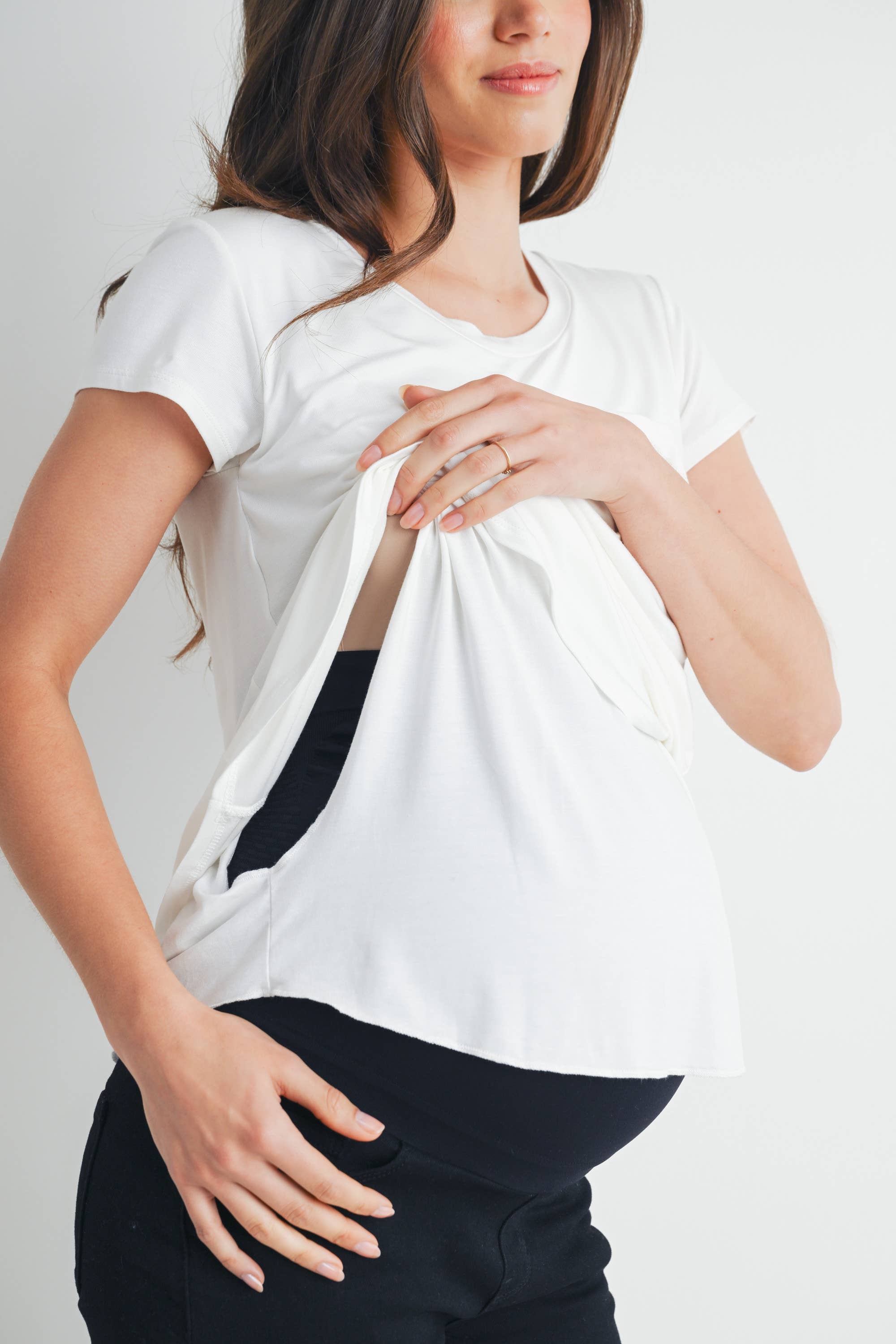 White Round Neck Maternity to Nursing Pocket T-Shirt