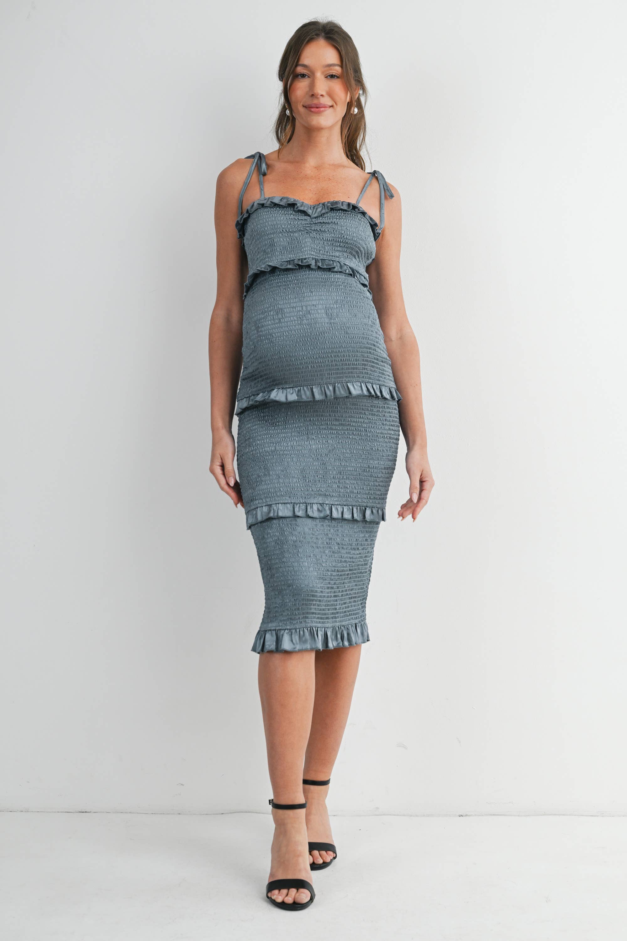 Smocked Ruffle Trim Maternity Midi Dress with Tie Straps