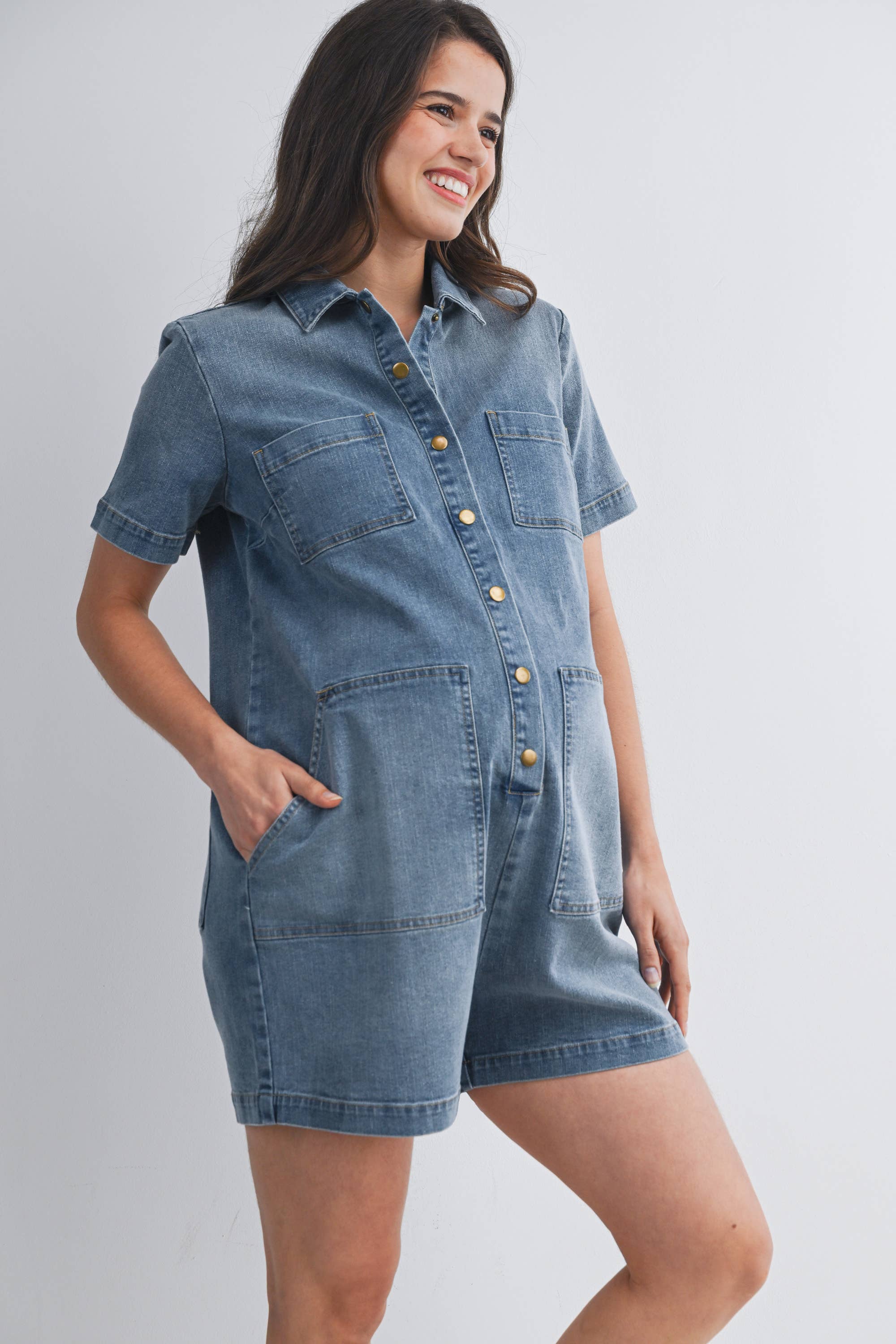 Button Front Denim Romper with Collar