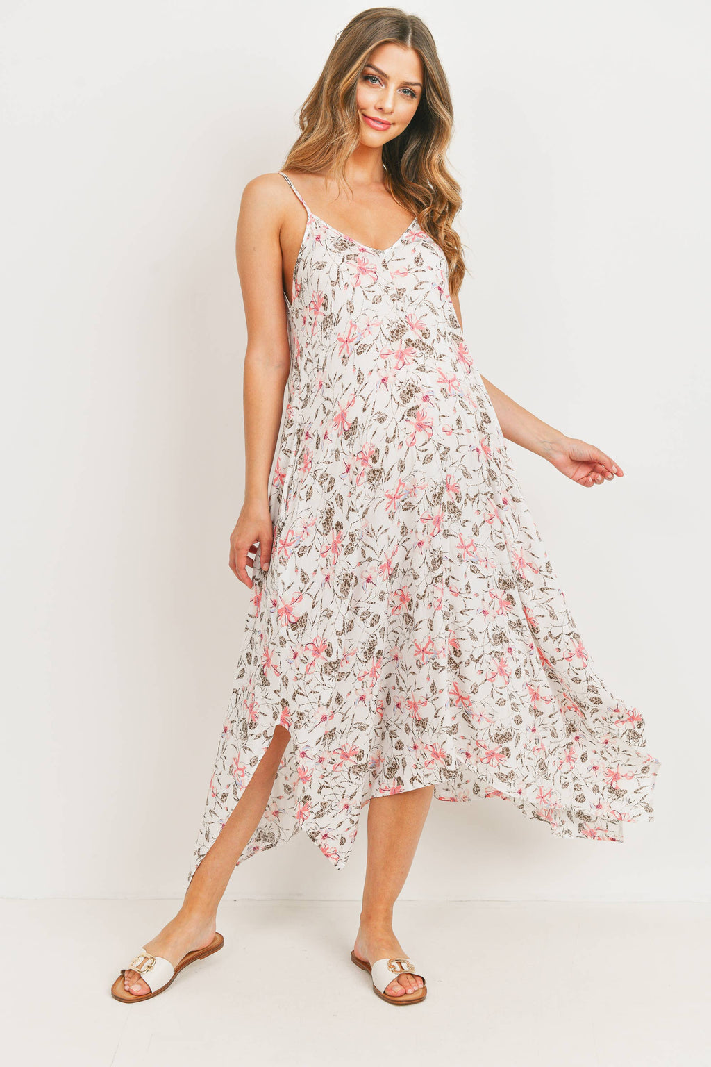White Floral Print Sleeveless Maternity Midi Dress