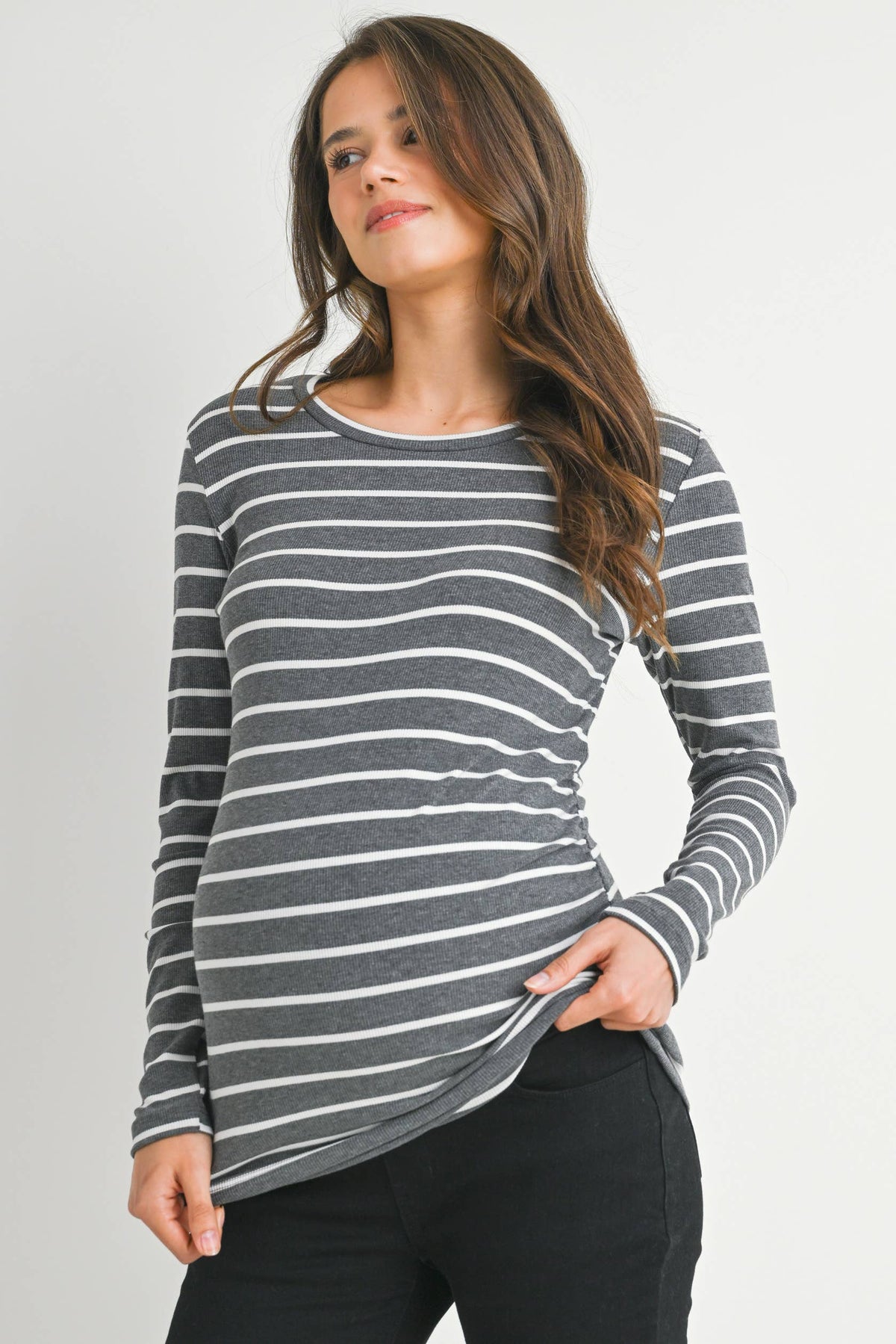 Charcoal/White Striped Ribbed Long Sleeve Top