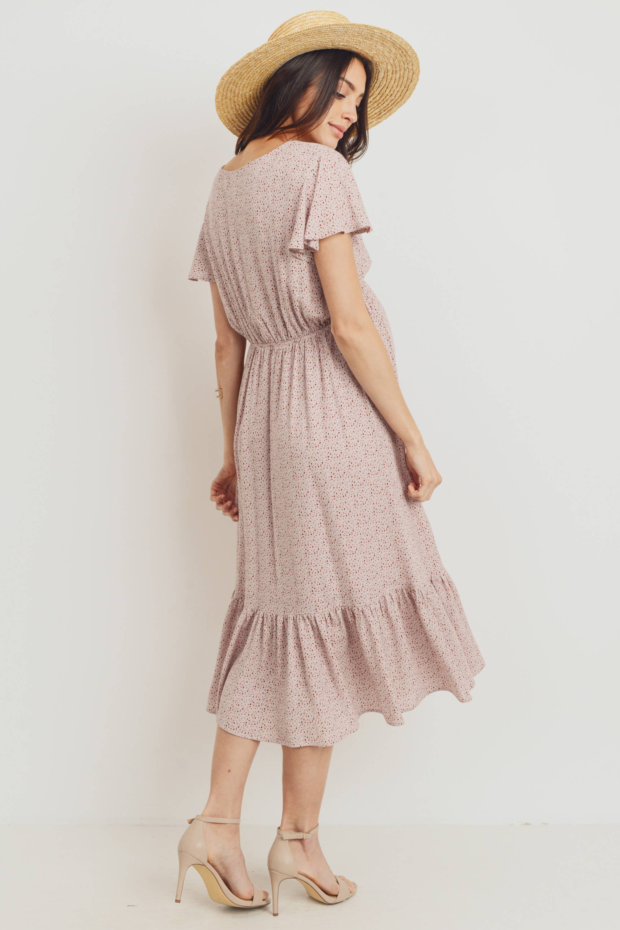 Pink Flutter Sleeve V-Neck Maternity Ruffle Midi Dress
