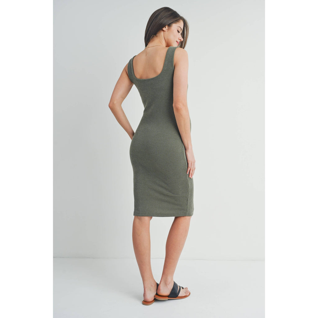 Olive Square Neck Fitted Maternity Ribbed Midi Dress