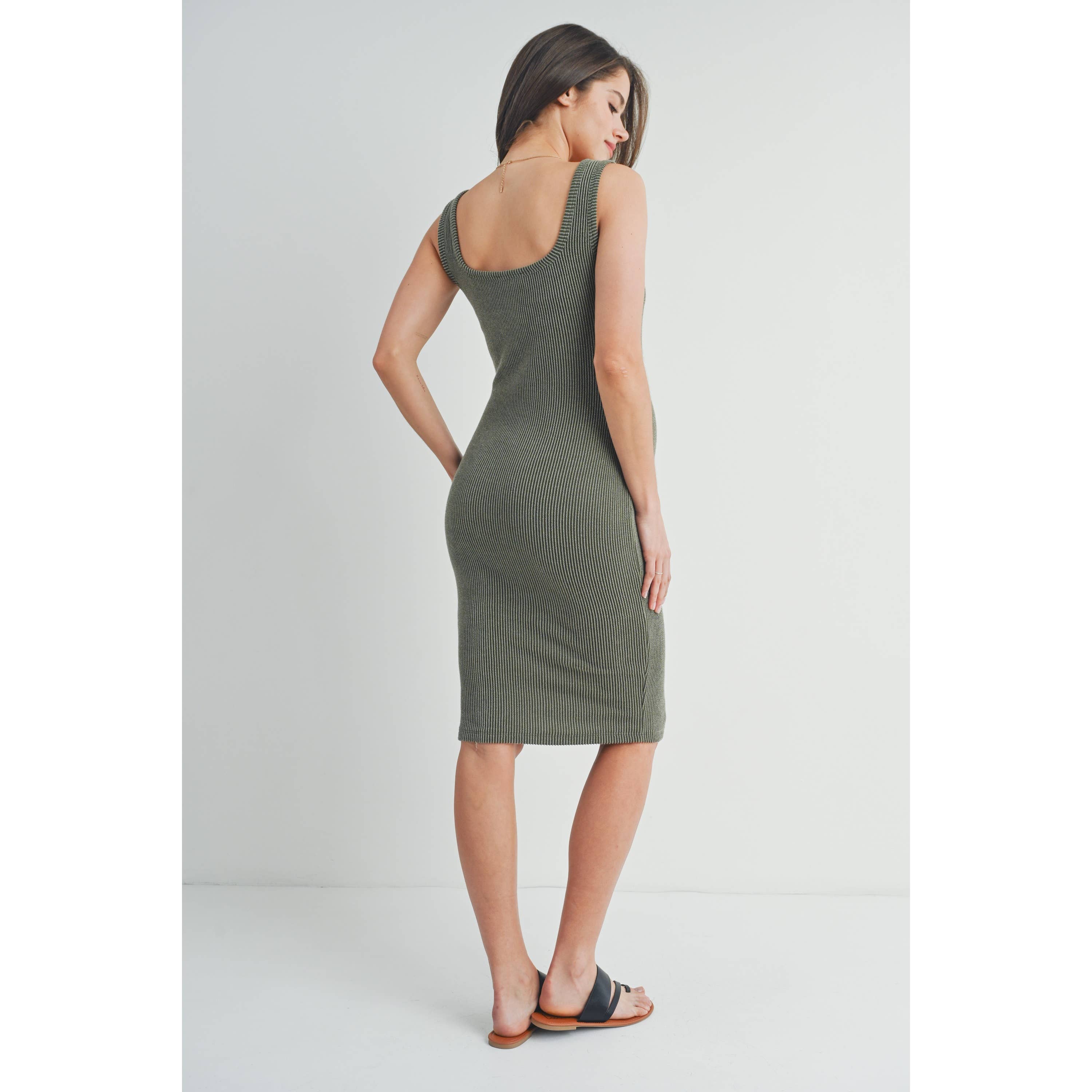 Olive Square Neck Fitted Maternity Ribbed Midi Dress