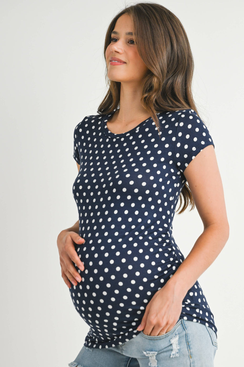 Navy with Ivory Polka Dot Short Sleeve Maternity T-Shirt