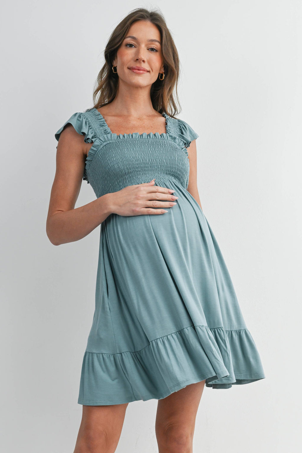 Sage Smocked Tiered Maternity Mini Dress with Flutter Sleeves