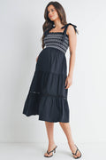 Black Smocked Tie-Strap Maternity Ruffle Midi Dress