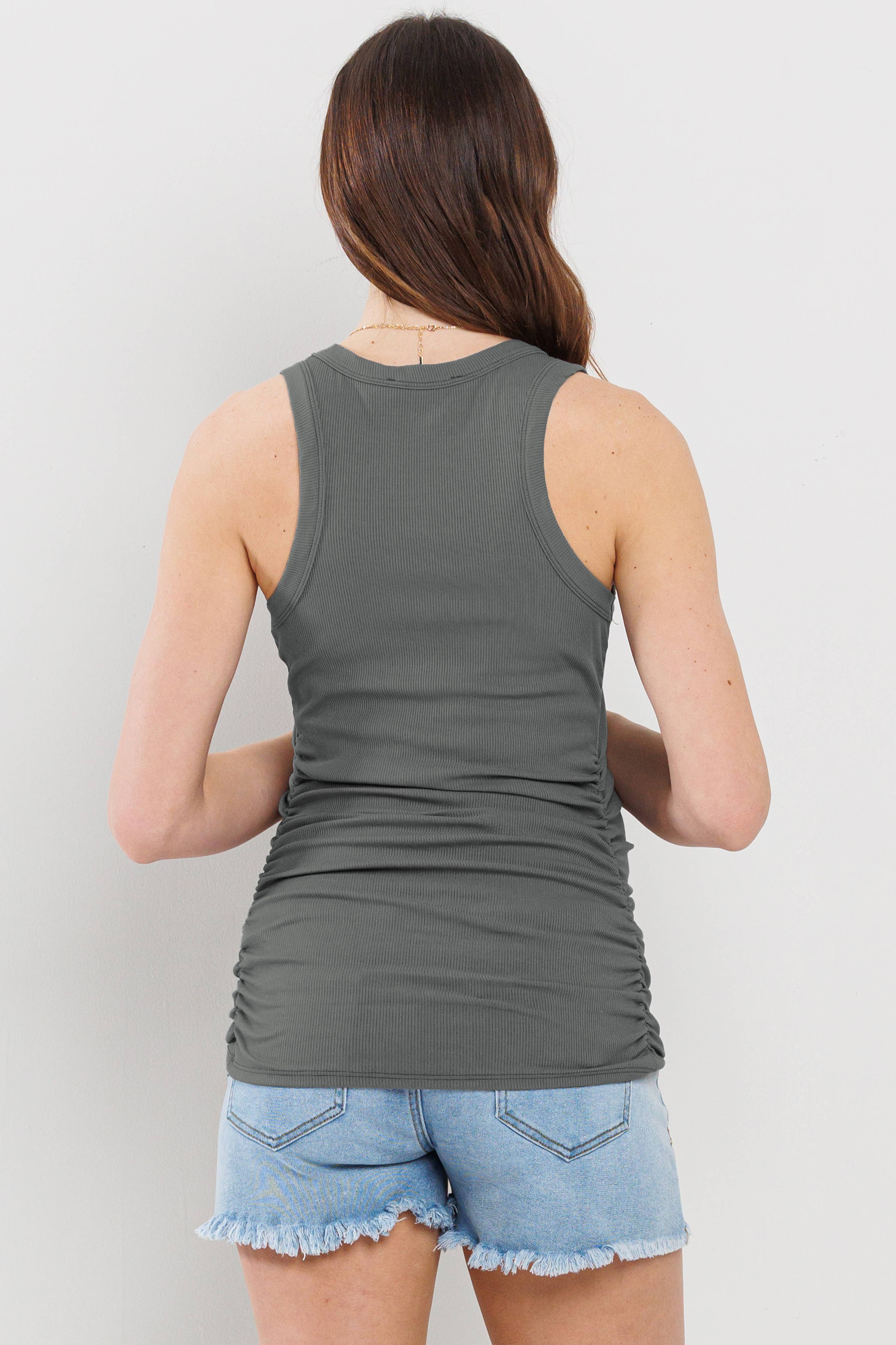 Charcoal Ruched V-Neck Maternity Ribbed Tank Top
