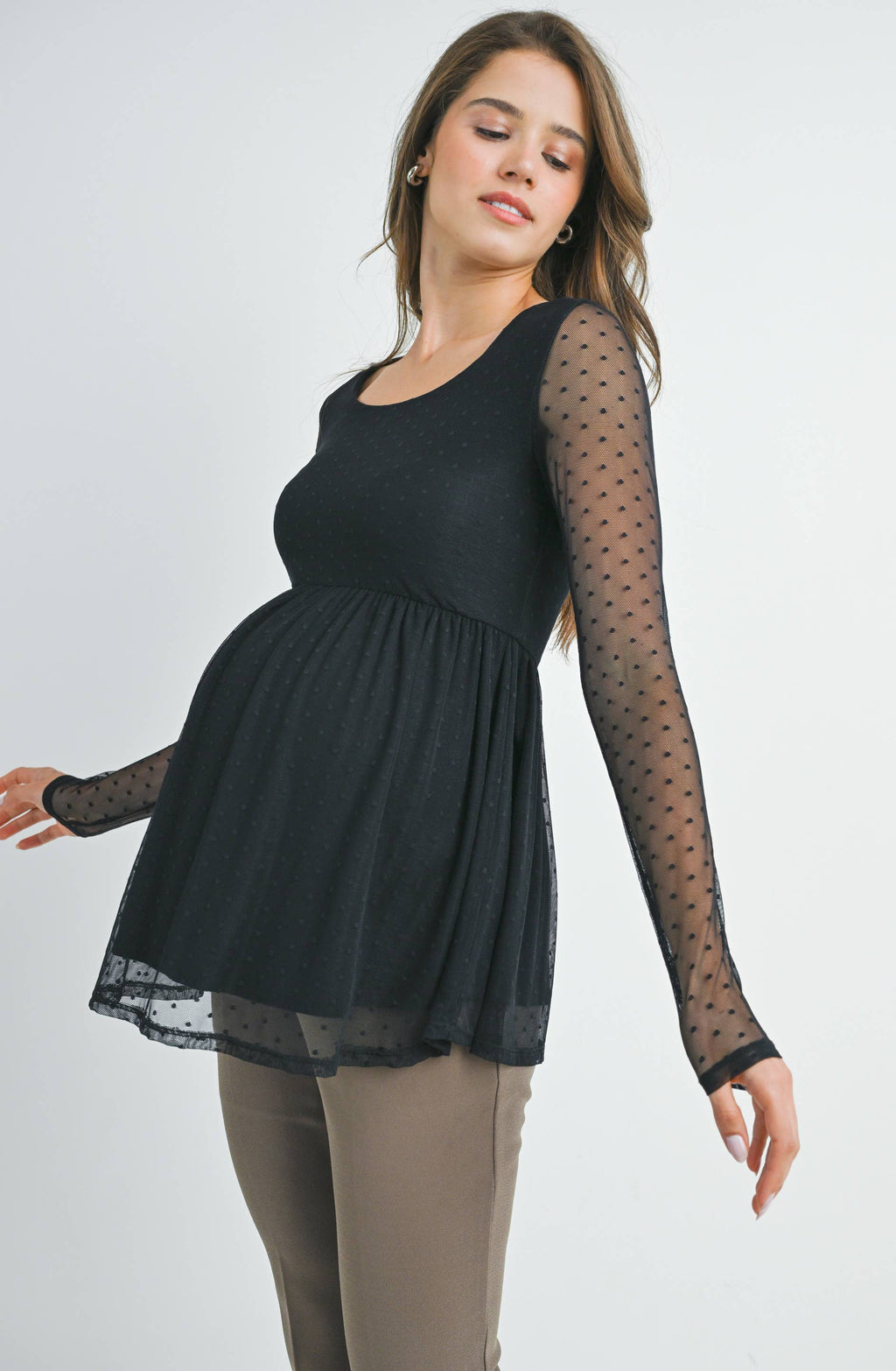 Black Polka Dot Mesh Sleeve Maternity Top