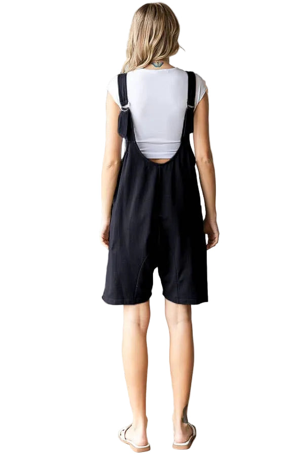 Black Solid Adjustable Strap Romper