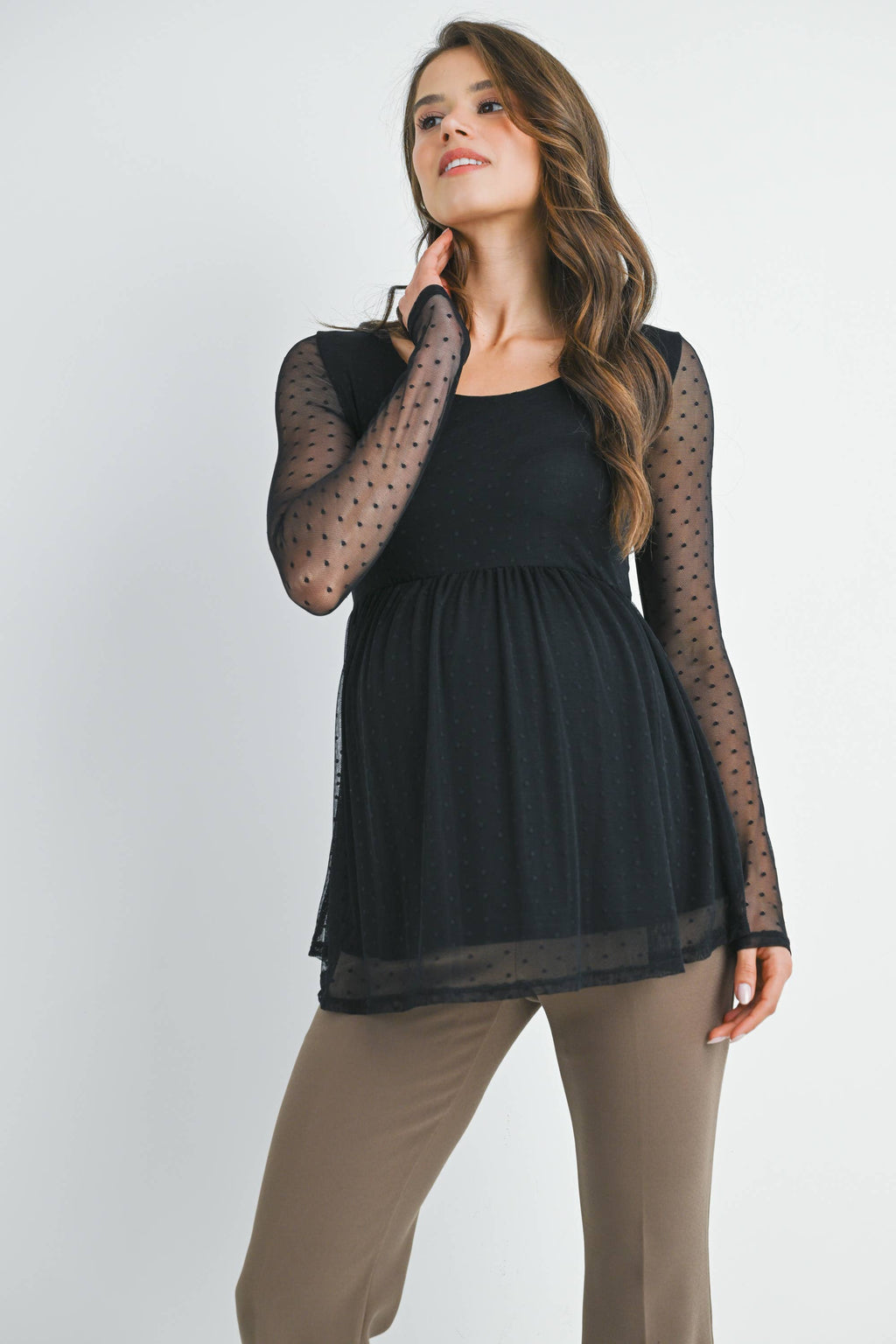 Black Polka Dot Mesh Sleeve Maternity Top